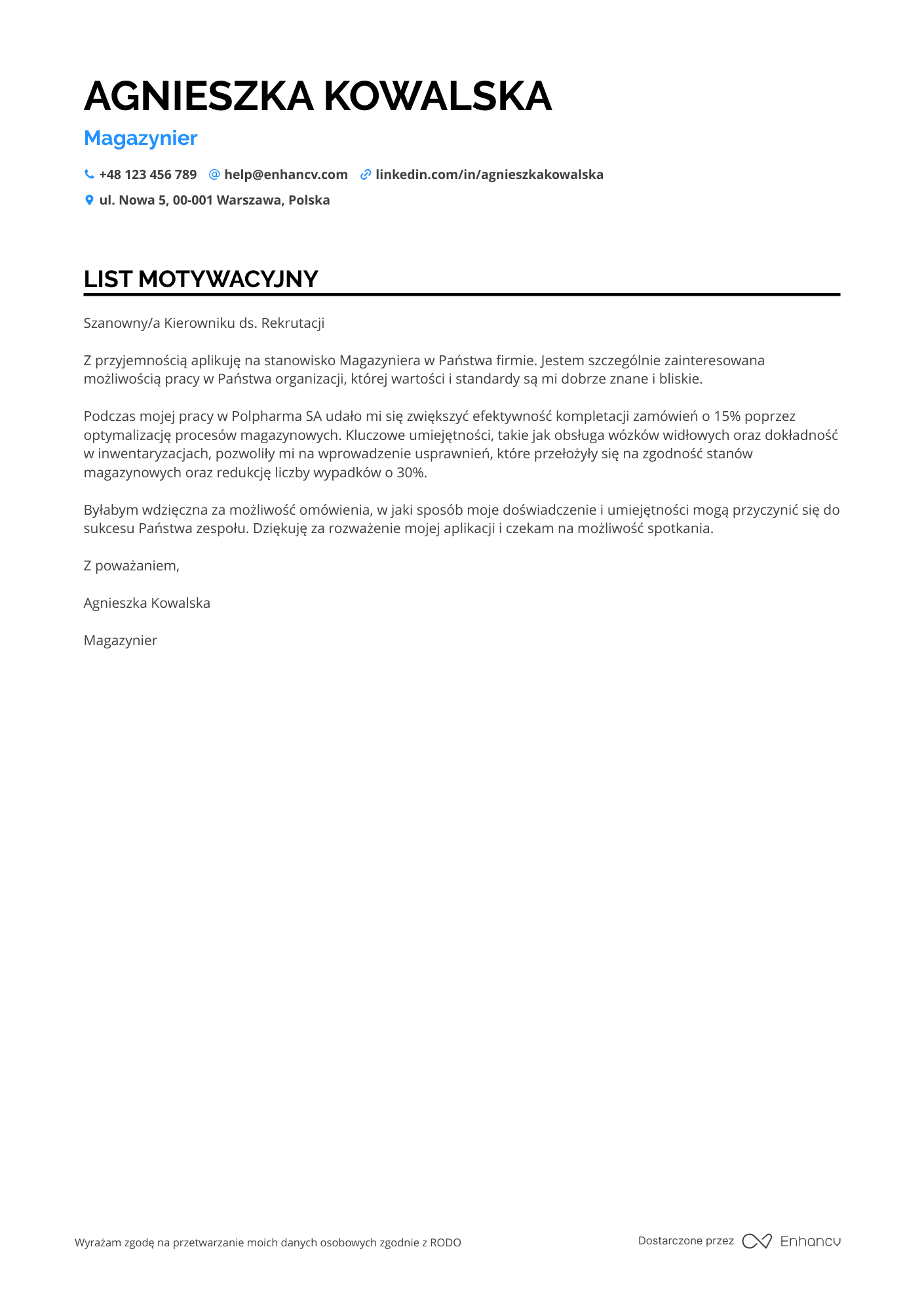 List motywacyjny dla Magazynier w Branży Farmaceutycznej Resume Example