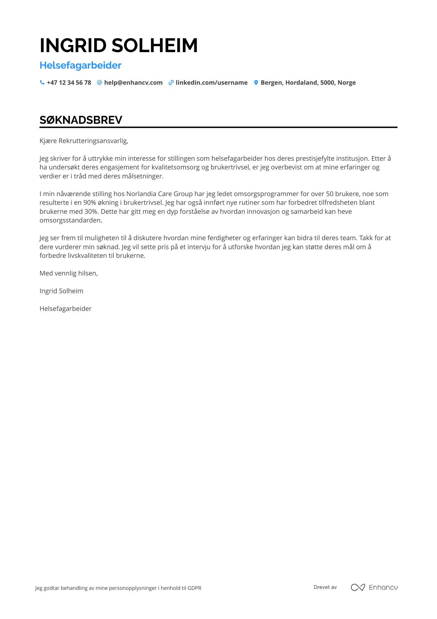 Søknadsbrev for Helsefagarbeider Hjemmesykepleie Resume Example