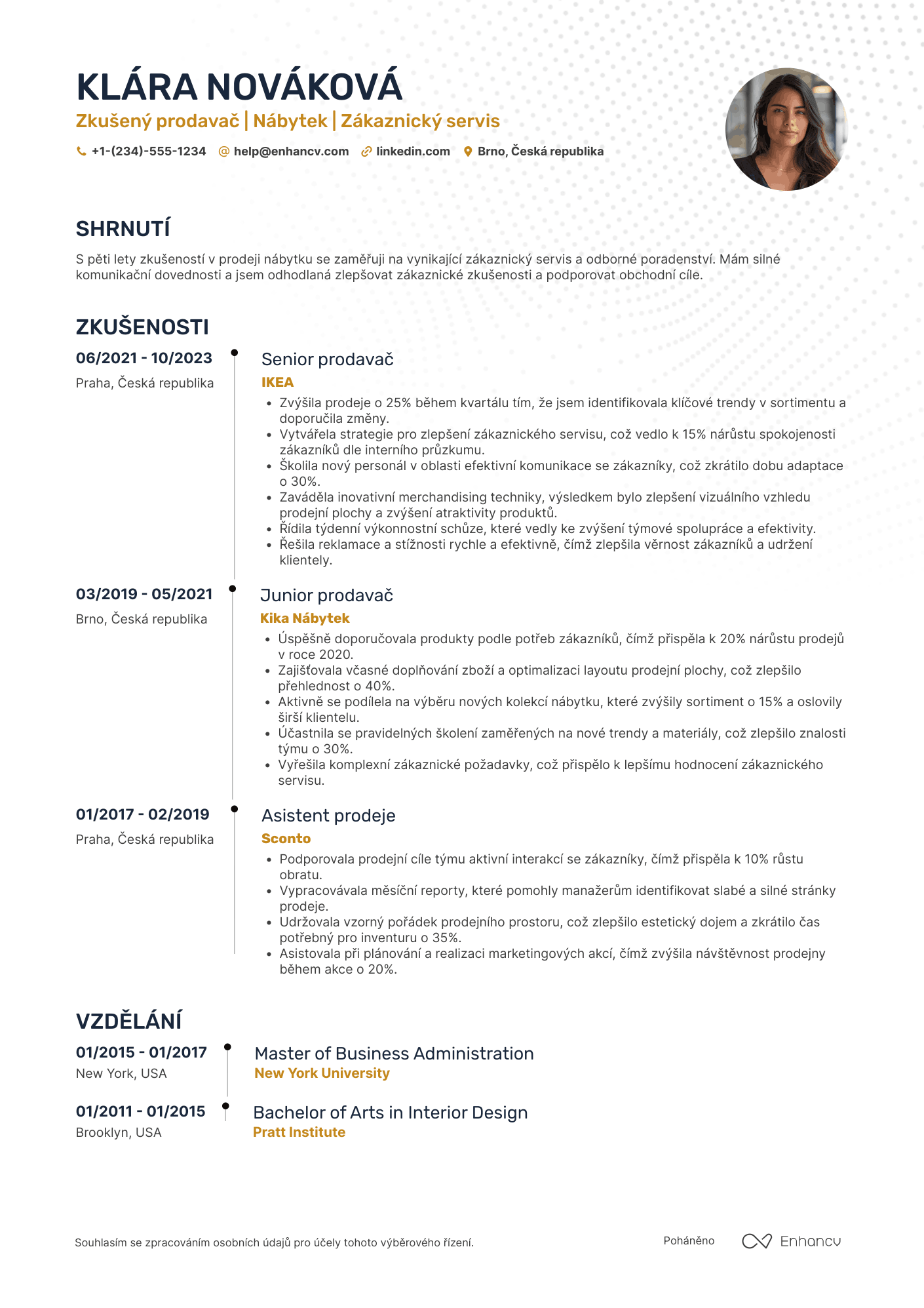 Životopis pro Prodavač v obchode s nábytkem Resume Example