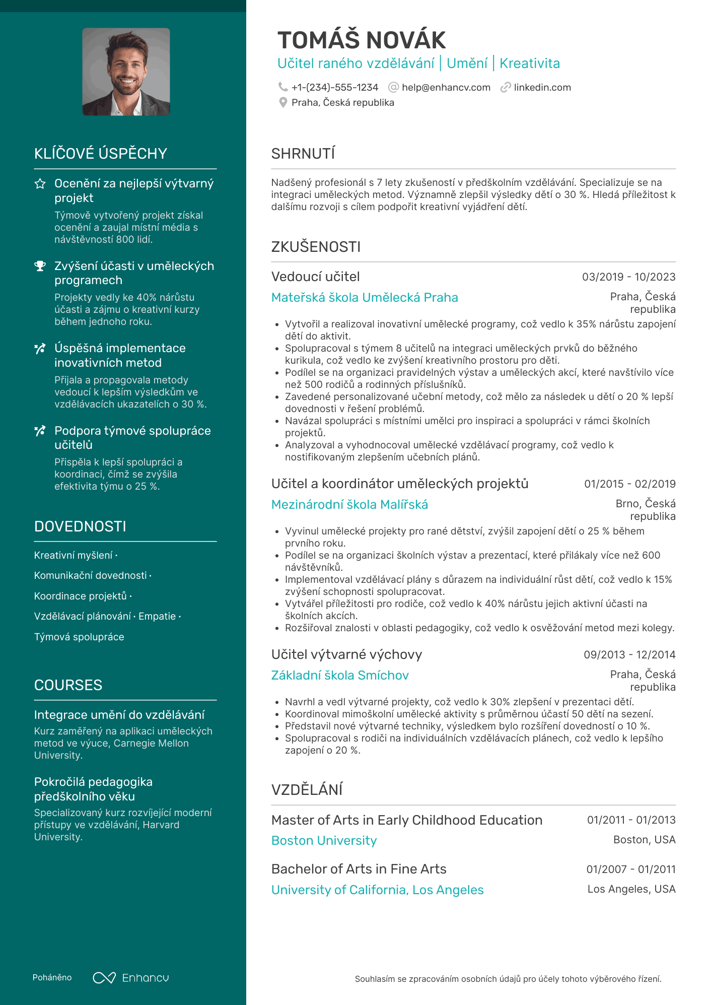 Životopis pro Učitelka raného vzdělávání se zaměřením na umění Resume Example