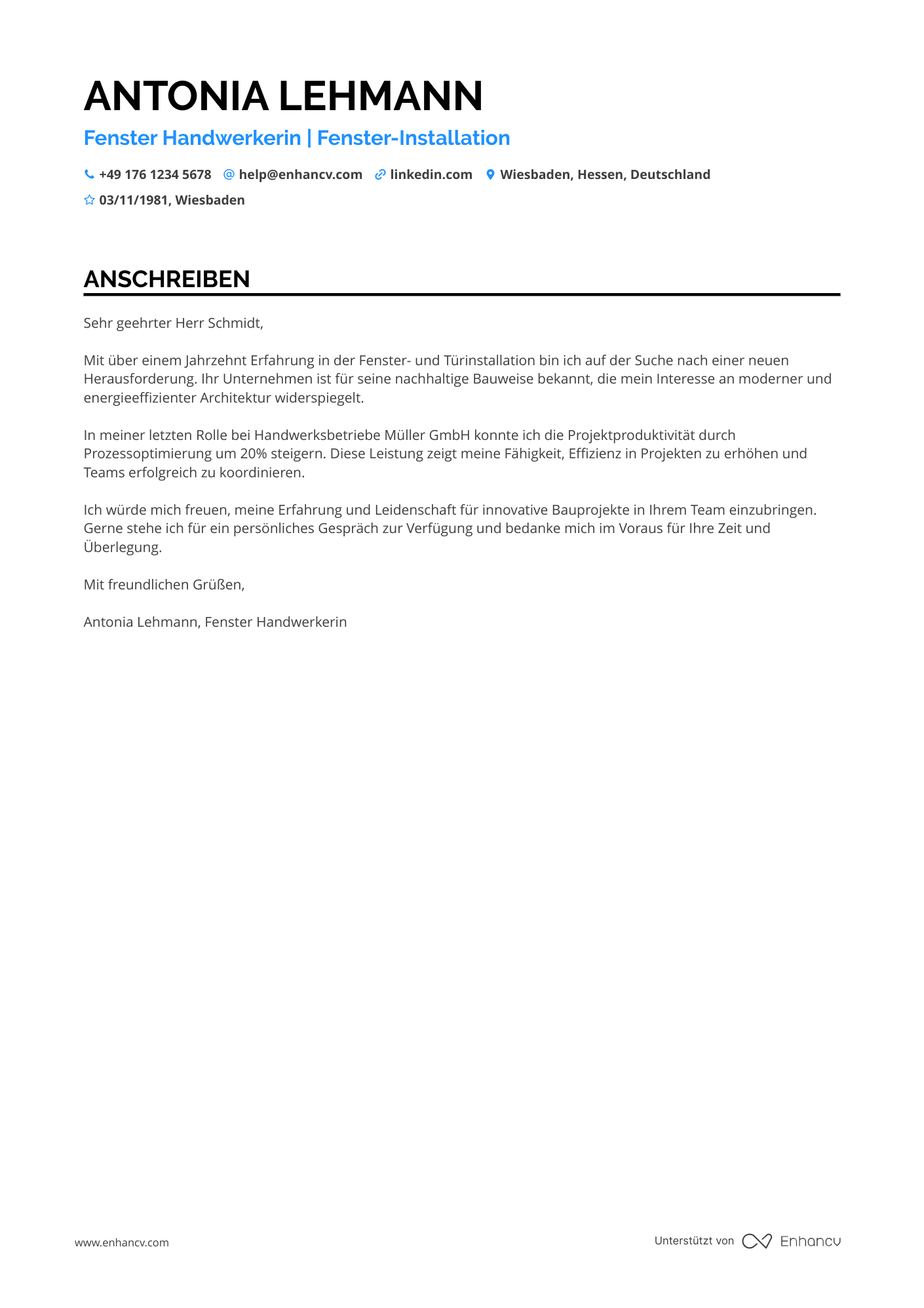 Fenster Handwerker Resume Example