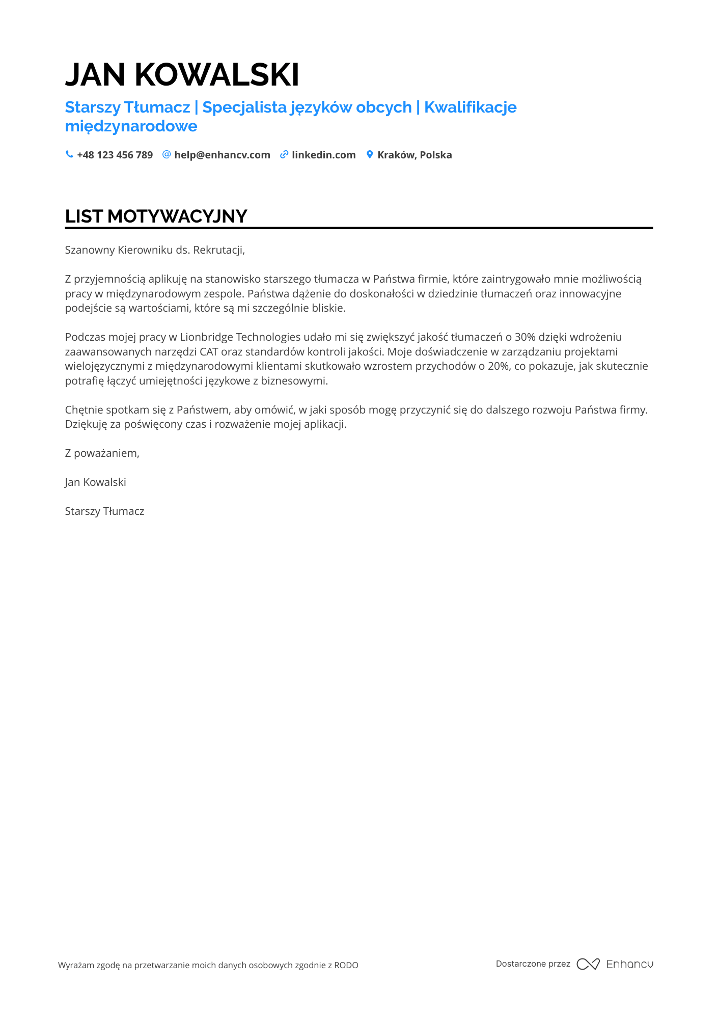 List motywacyjny dla Starszy Tłumacz Resume Example