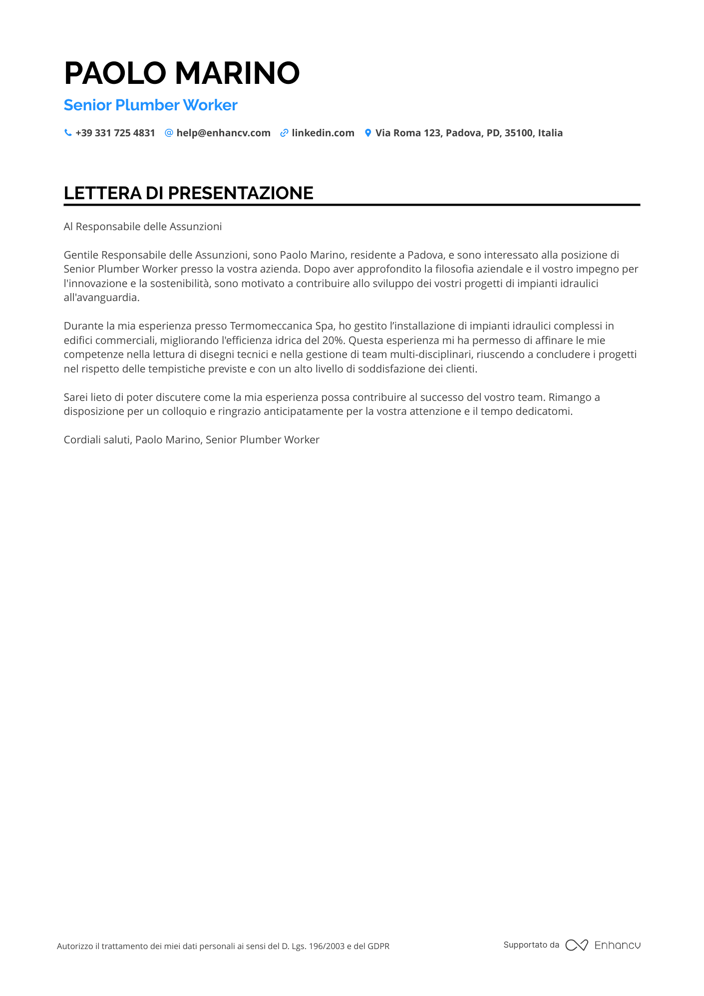 Idraulico Commerciale Resume Example