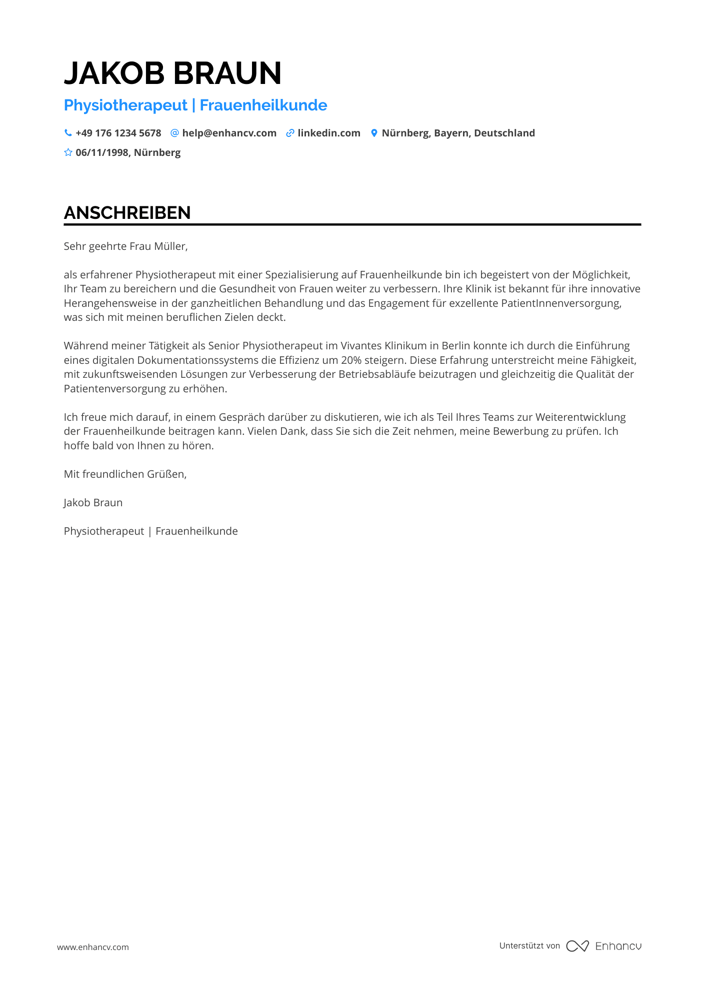 Physiotherapeut in der Frauenheilkunde Resume Example