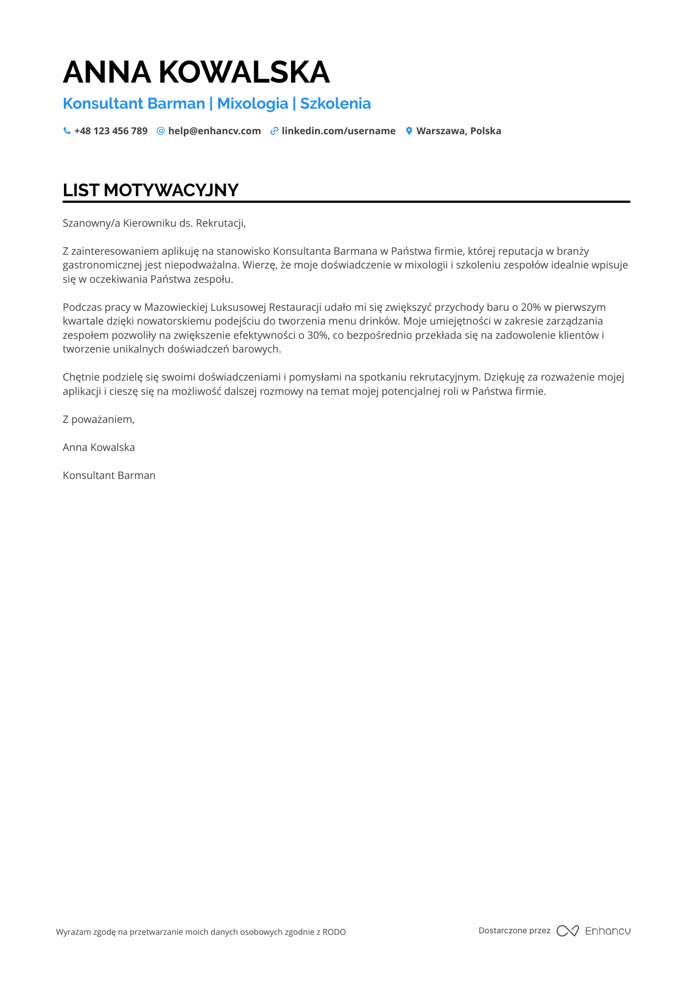 List motywacyjny dla Konsultant Barman Resume Example