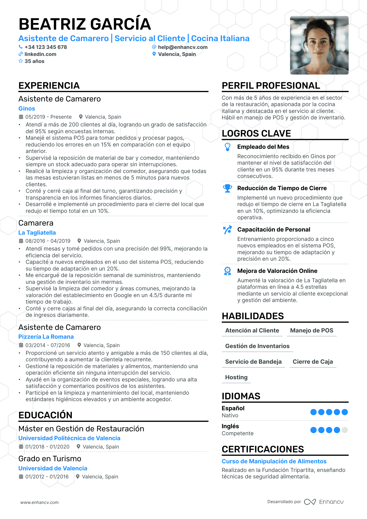 Ayudante de Camarero Resume Example