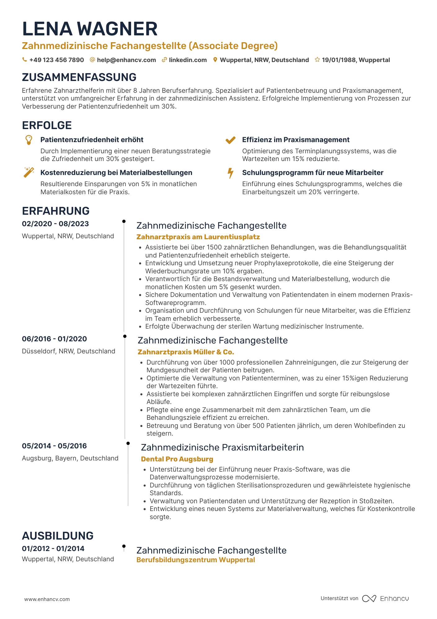 Lebenslauf als Erfahrene Zahnarzthelferin Resume Example
