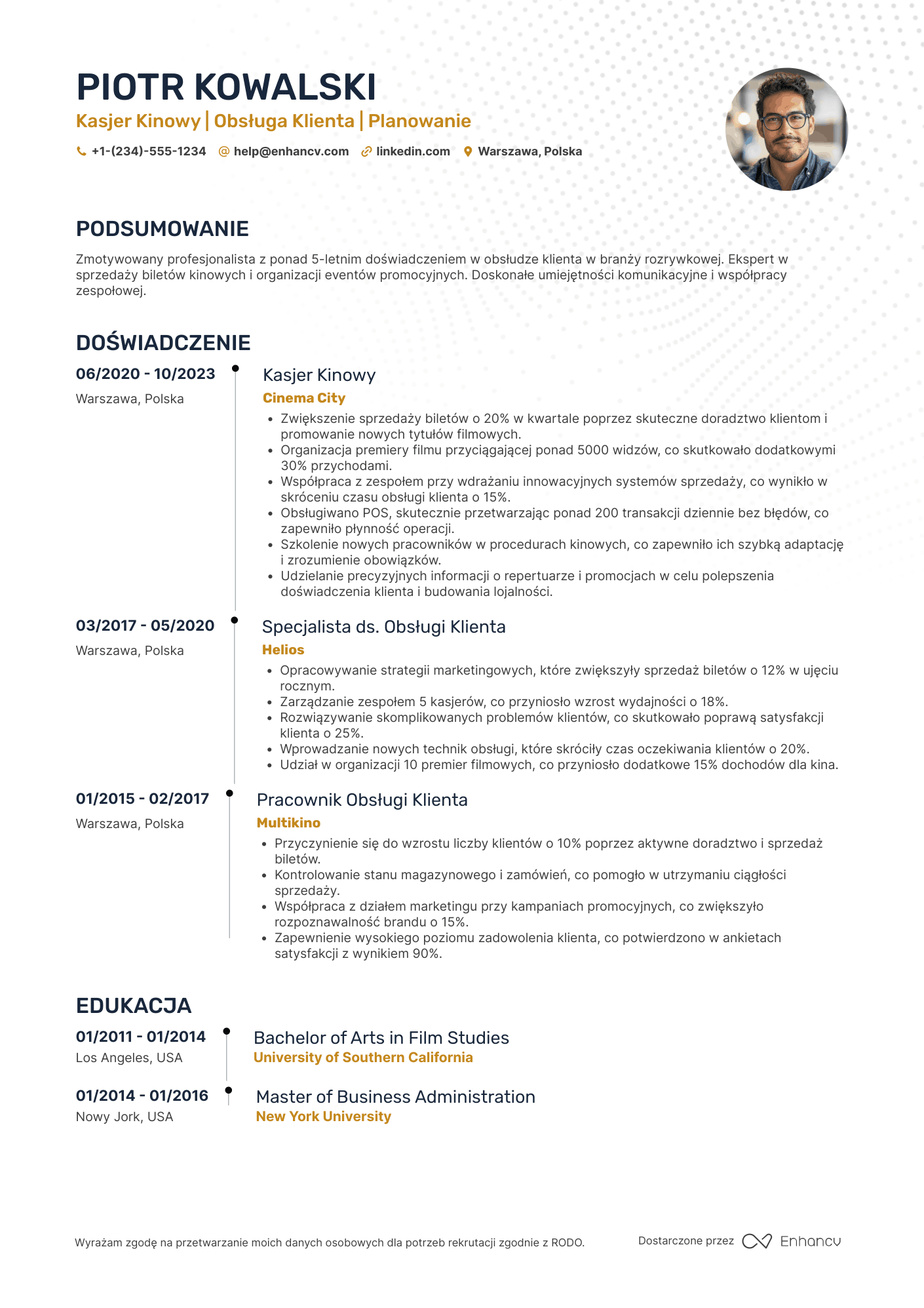 CV dla Kasjer Kinowy Resume Example
