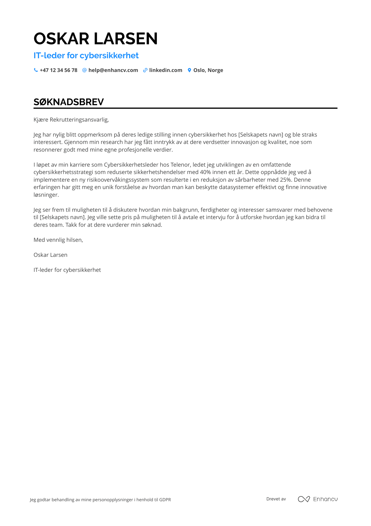 Søknadsbrev for IT leder for cybersikkerhet Resume Example