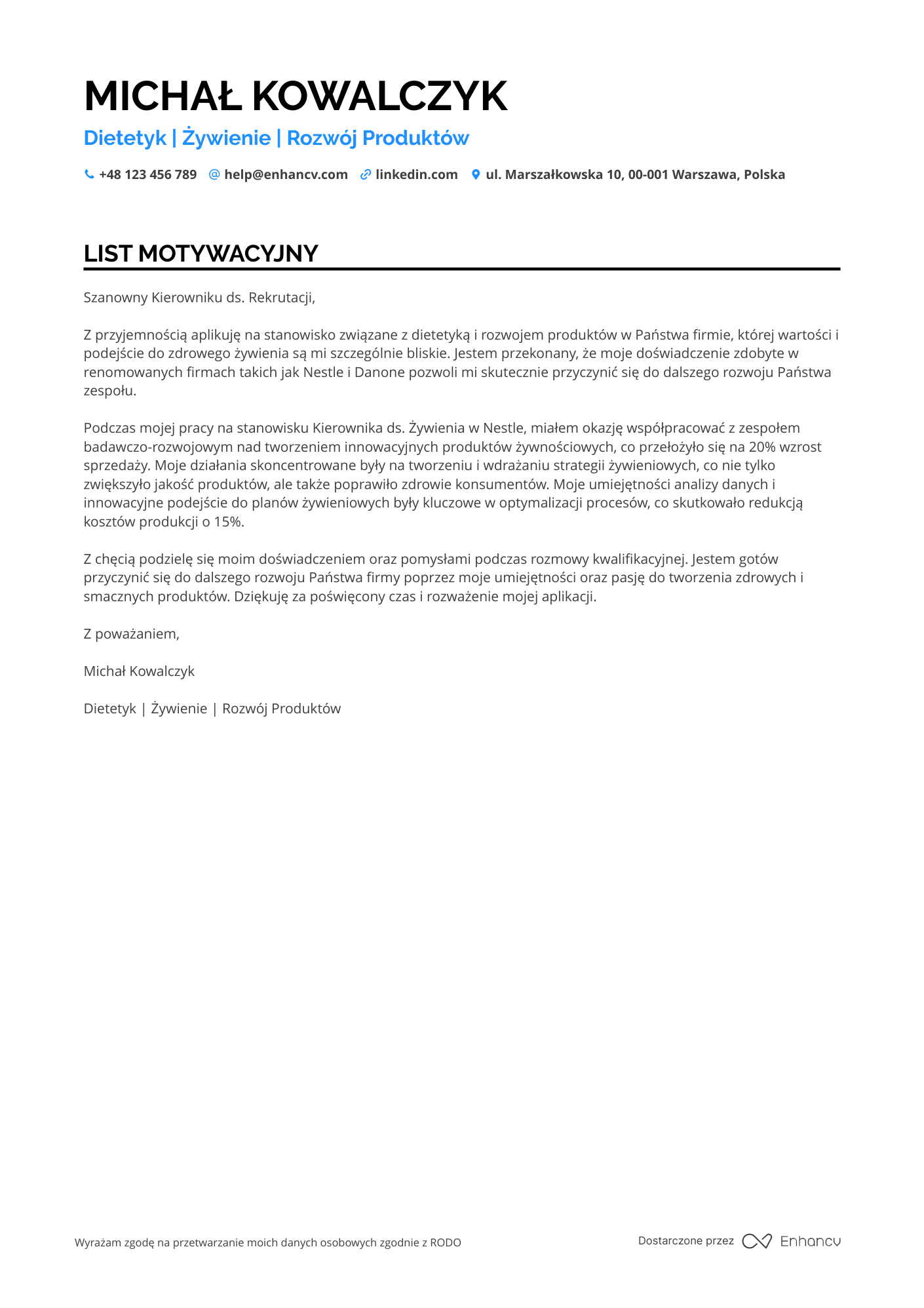 List motywacyjny dla Dietetyk w przemyśle spożywczym Resume Example
