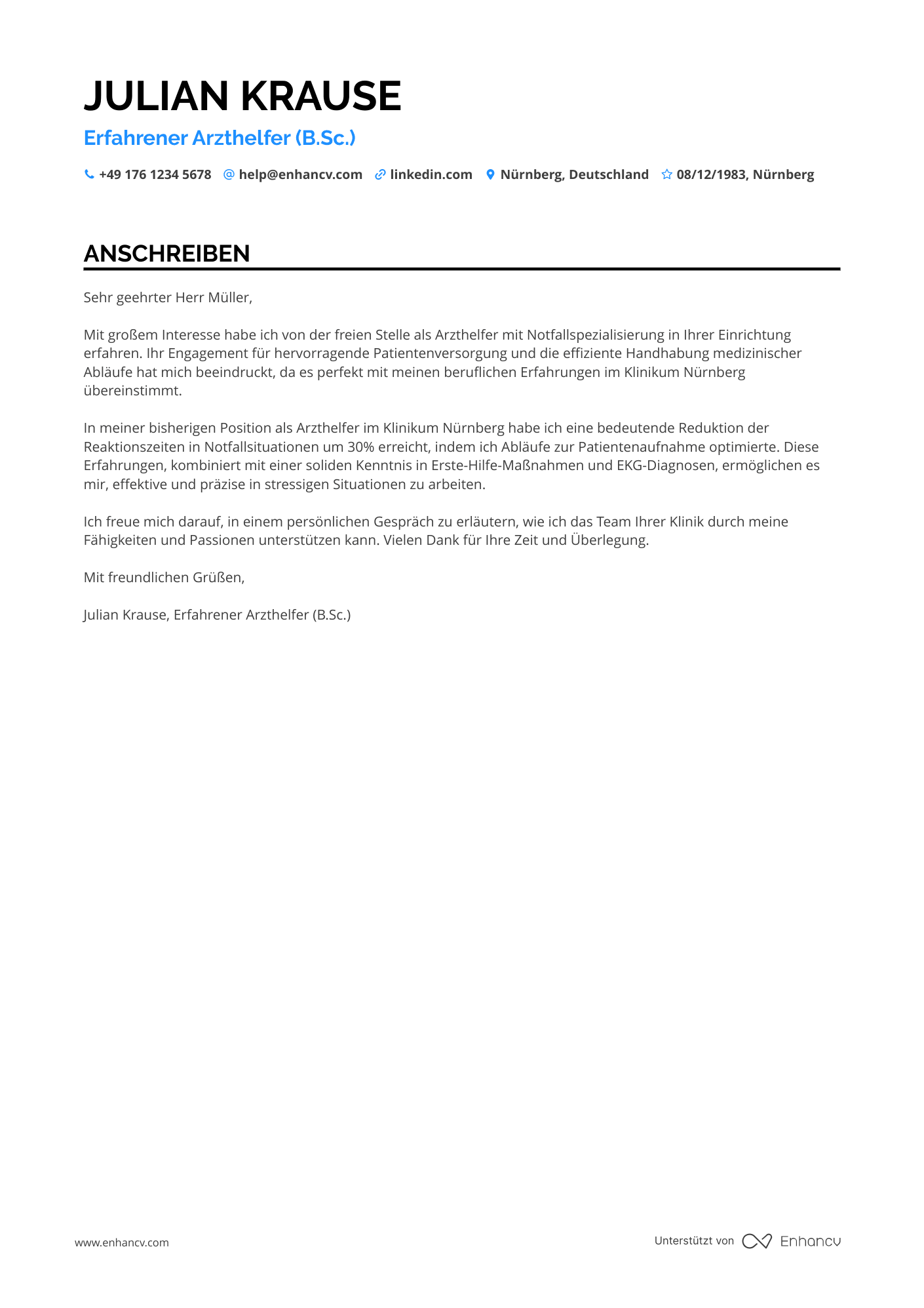 Arzthelferin mit Erfahrung in der Notfallmedizin Resume Example