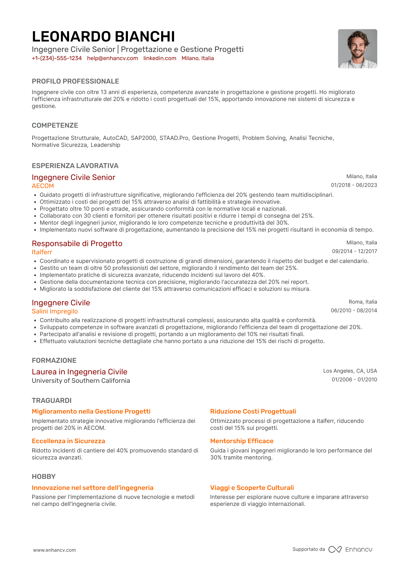 CV Ingegnere Civile Senior Resume Example