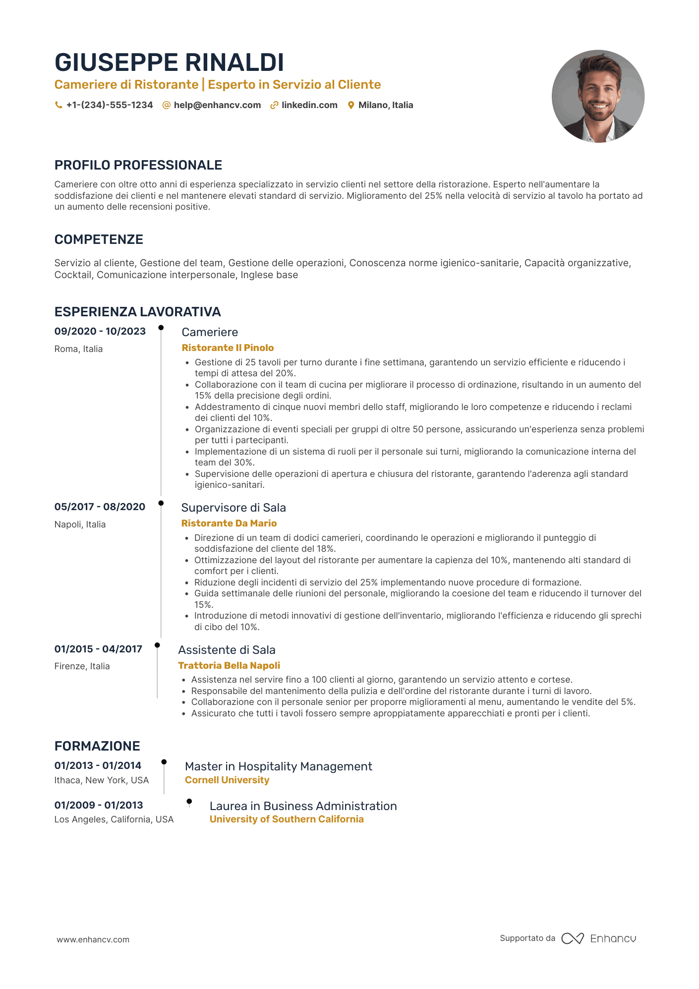 Cameriere di ristorante Resume Example