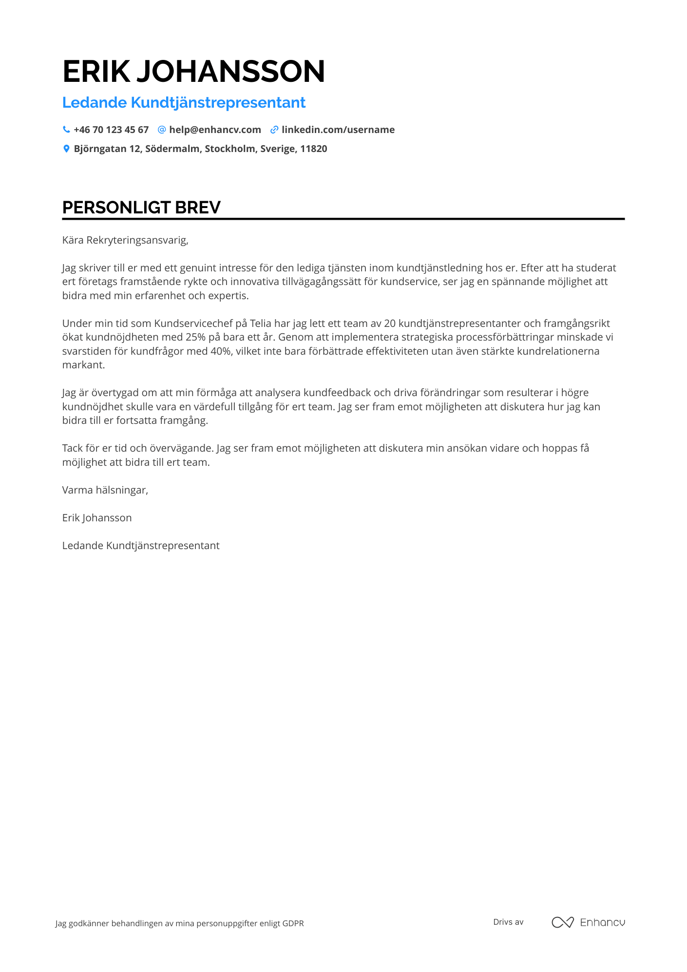 Personligt brev för Ledande Kundtjänstrepresentant Resume Example