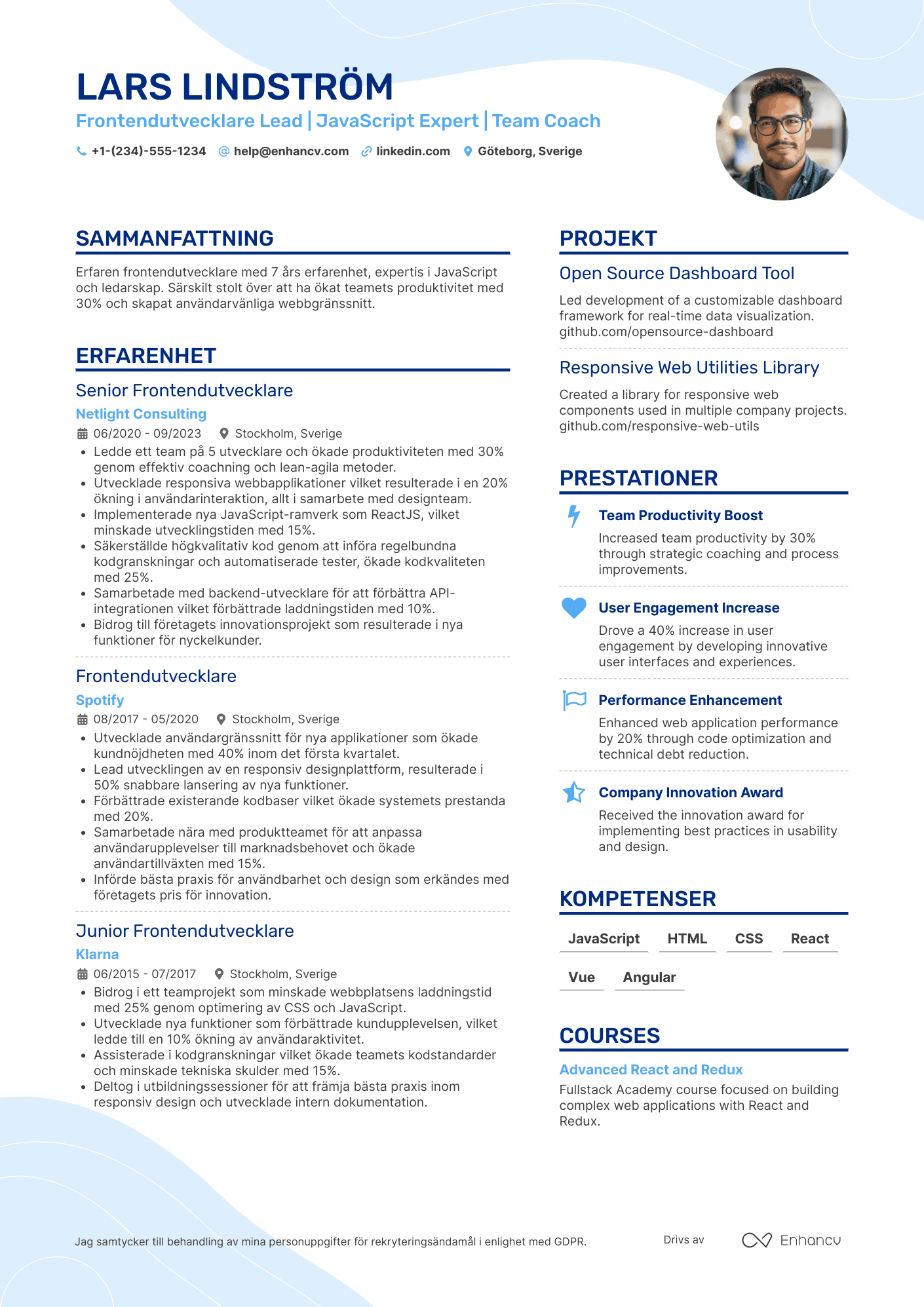 CV för Frontendutvecklare Lead Resume Example