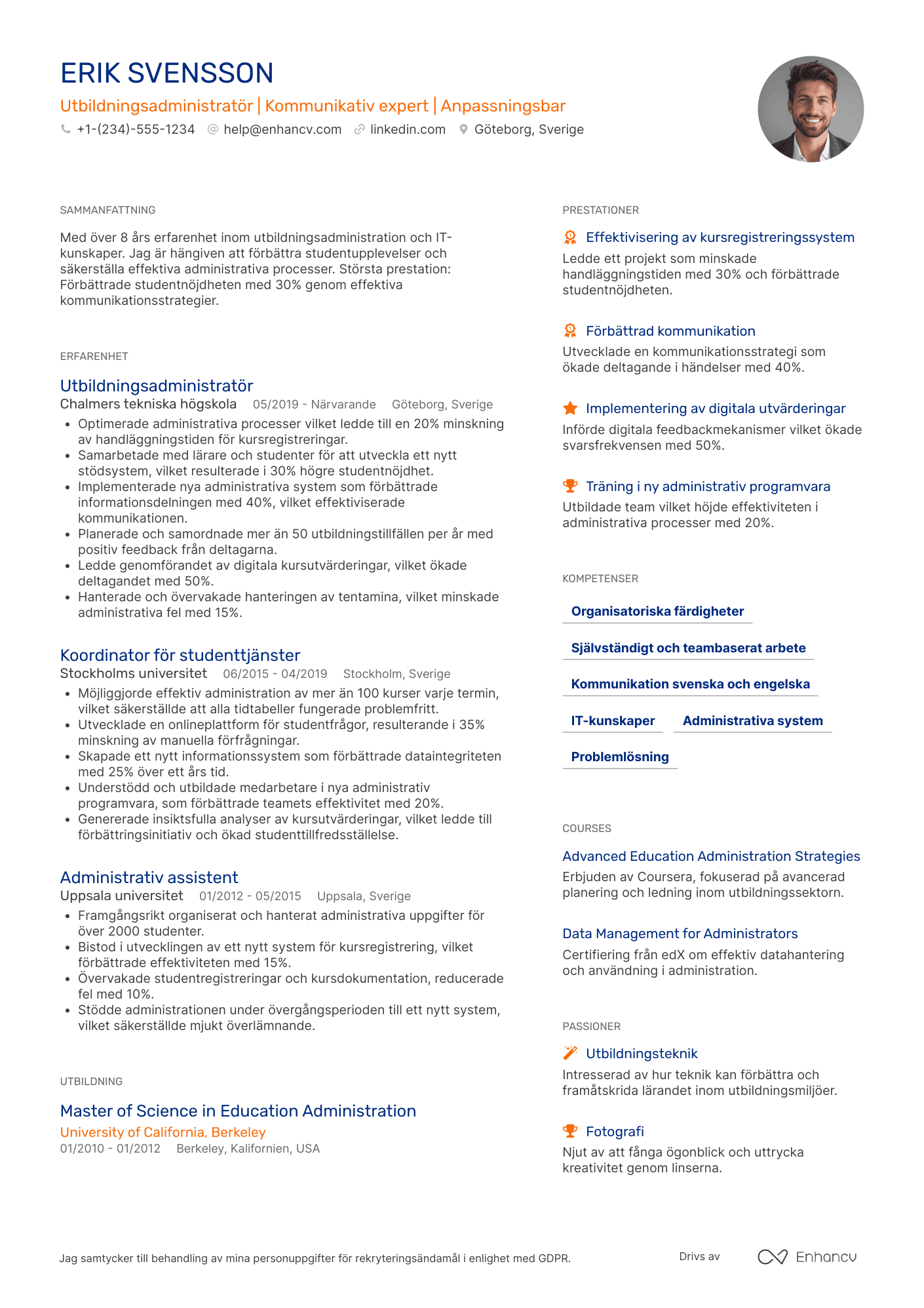 CV för Utbildningsadministratör Resume Example