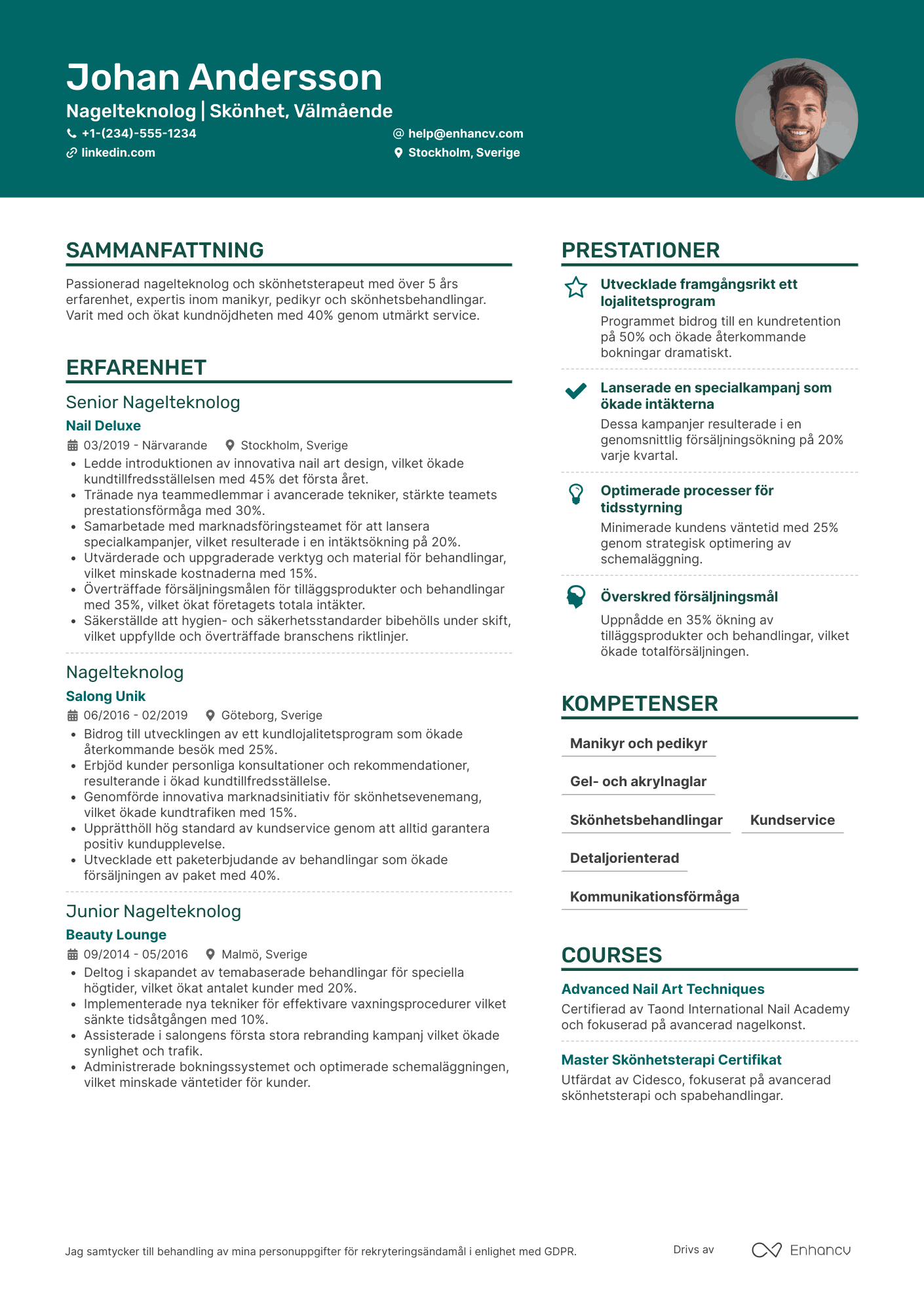 CV för Nagelteknolog Skönhetsterapeut Resume Example