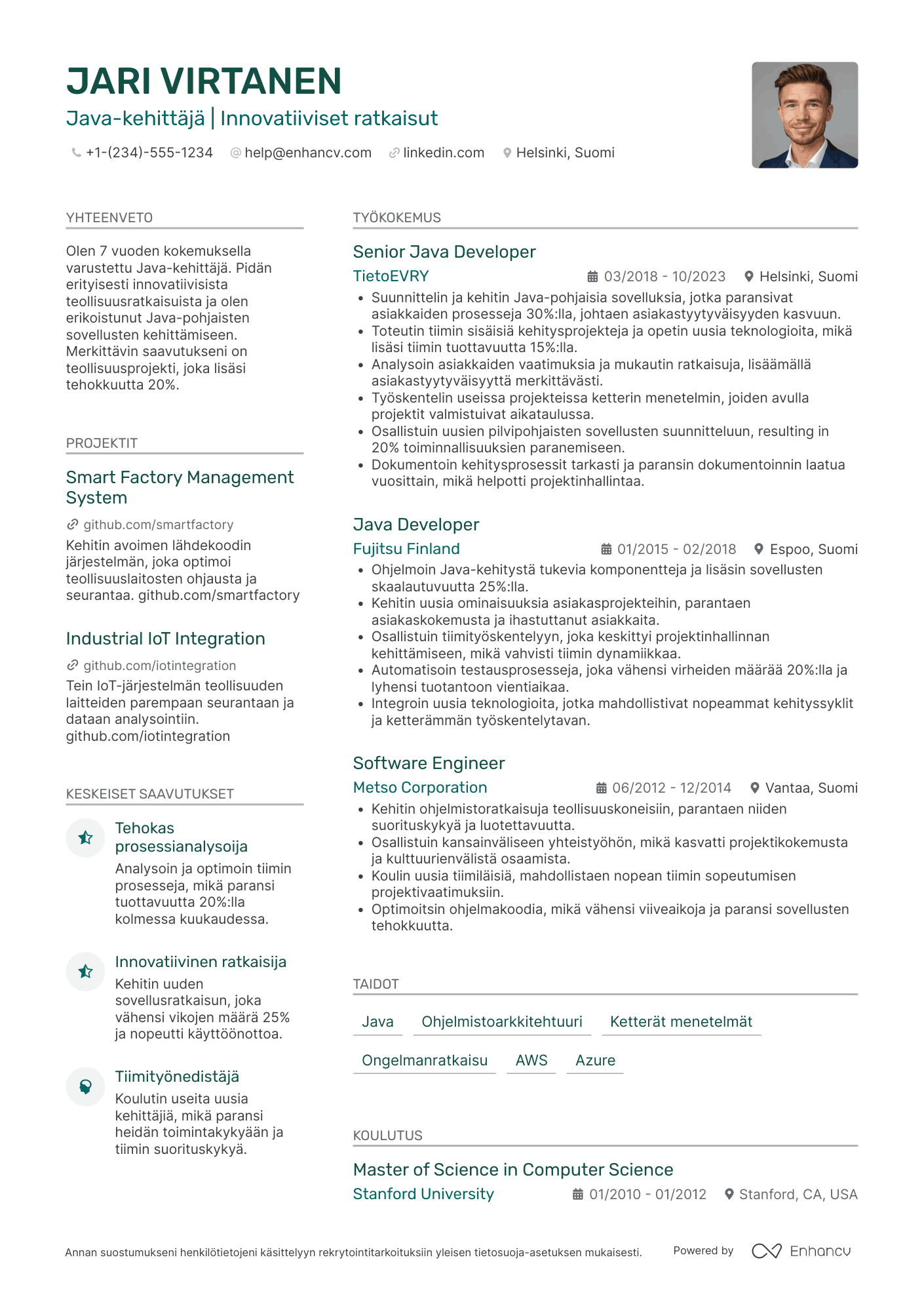 Ansioluettelo Java kehittäjä teollisuusprojekteihin Resume Example