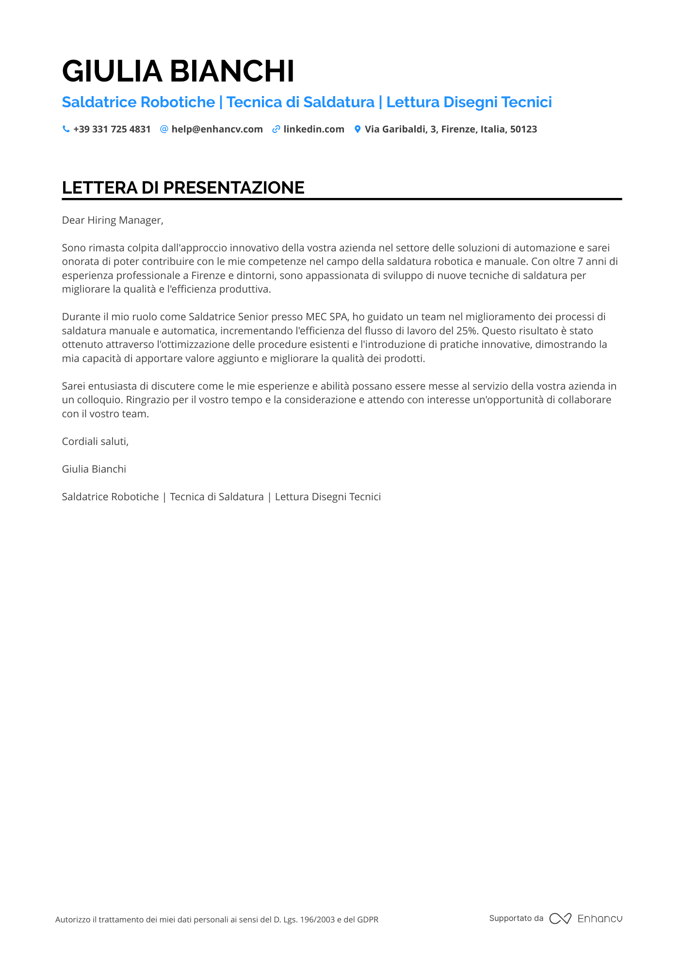 Saldatore di Produzione Resume Example