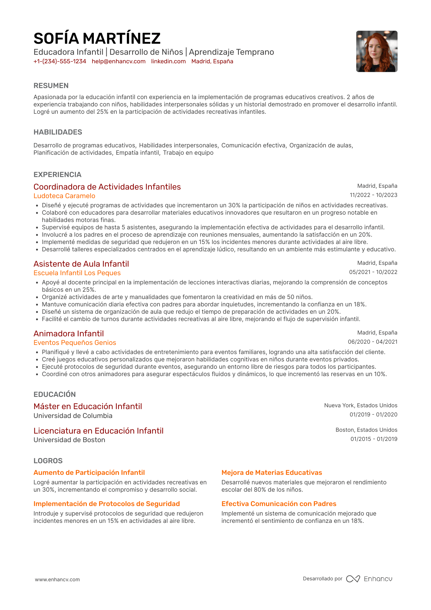 Ejemplo de currículum de educadora infantil sin experiencia Resume Example