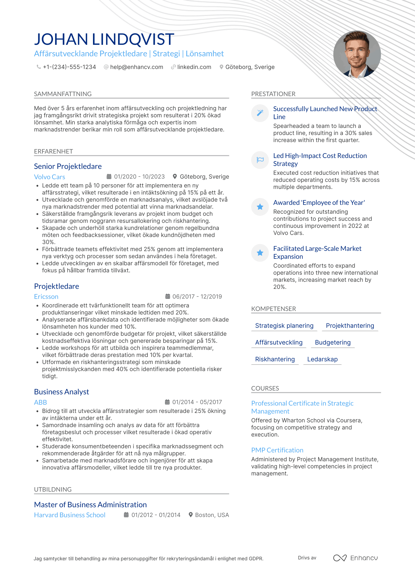 CV för Affärsutvecklande projektledare Resume Example