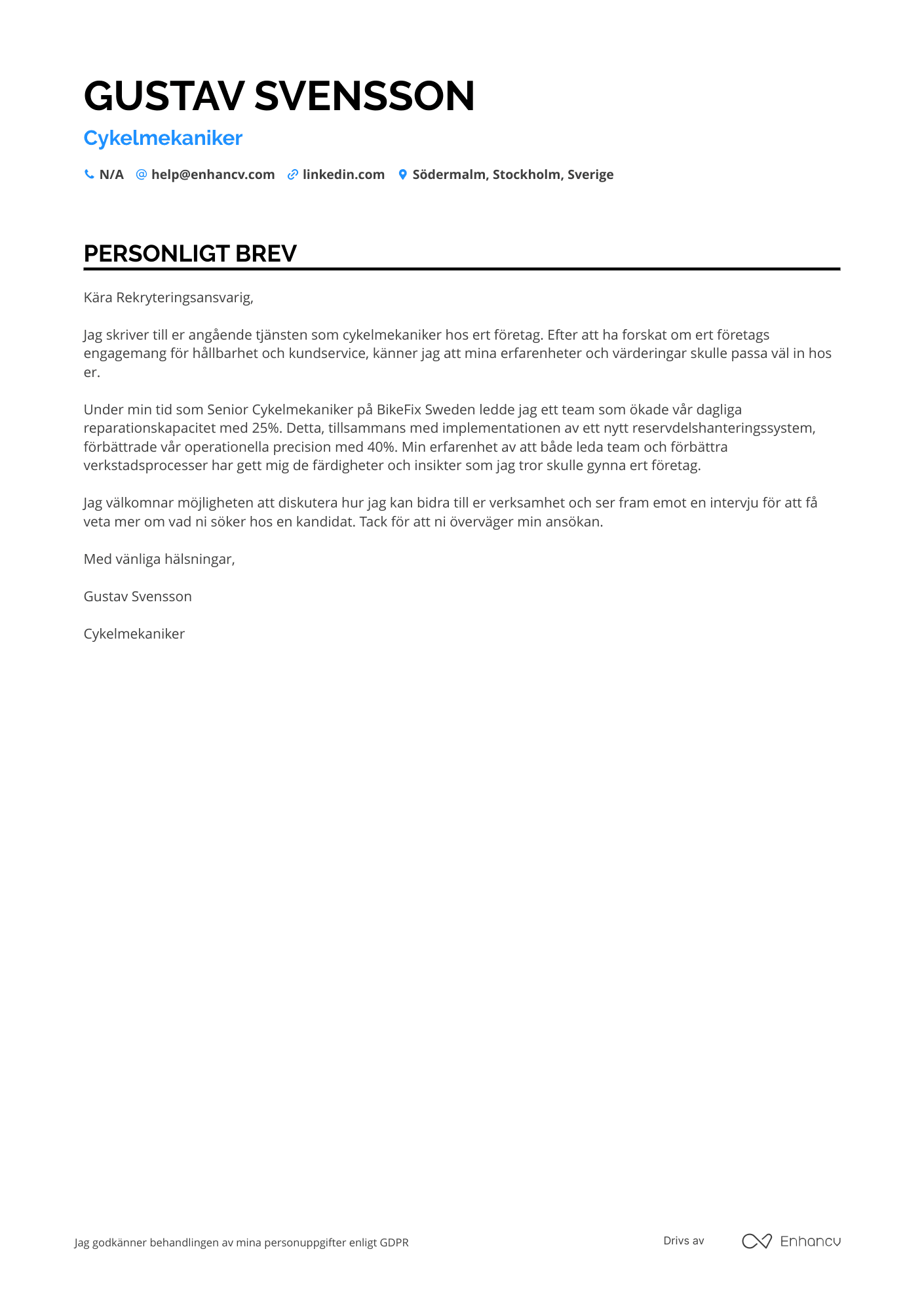 Personligt brev för Cykelmekaniker Resume Example