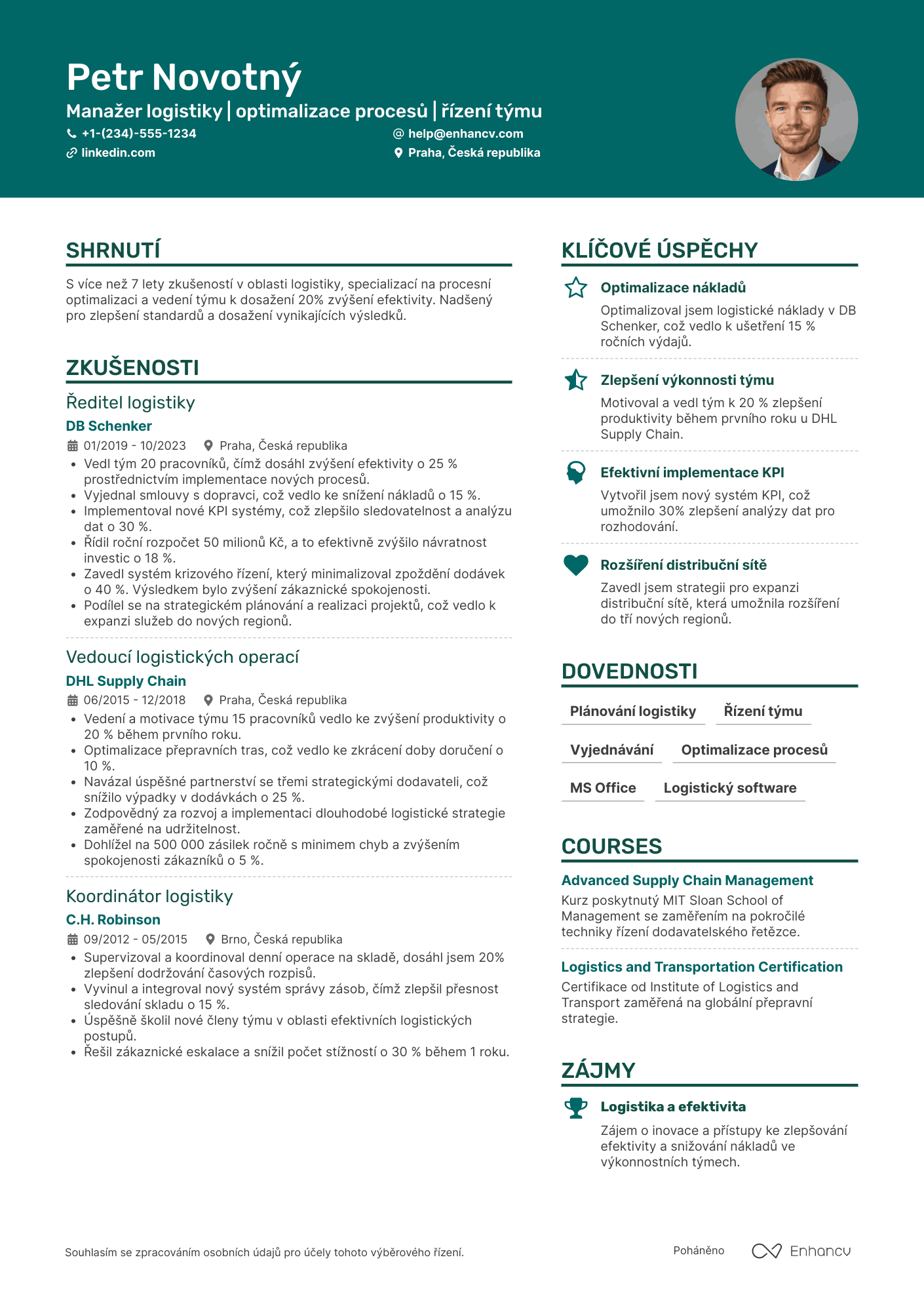 Životopis pro Manažer logistiky Resume Example