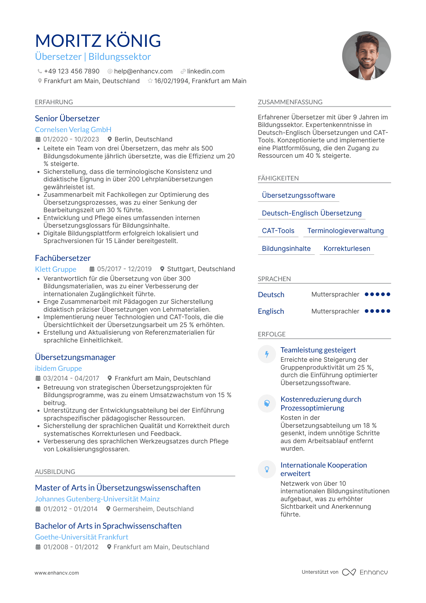 Lebenslauf in Übersetzer für die Bildungsbranche Resume Example