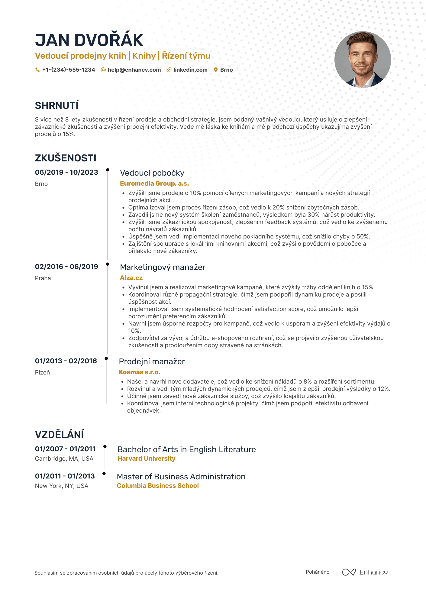 Životopis pro Vedoucí prodejny knih Resume Example