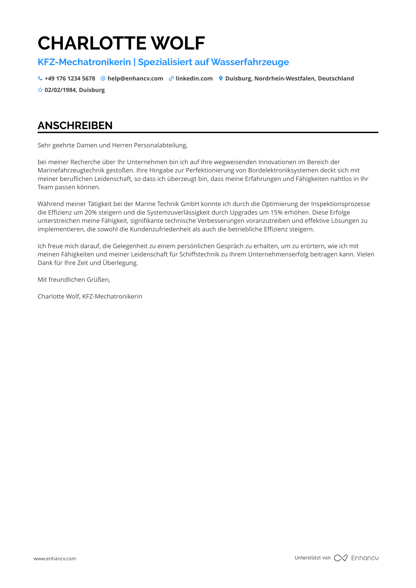KFZ Mechatroniker für Wasserfahrzeuge Resume Example