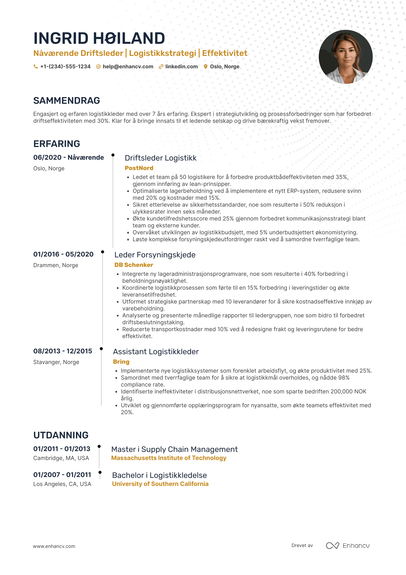 CV for Driftsleder Logistikk Resume Example