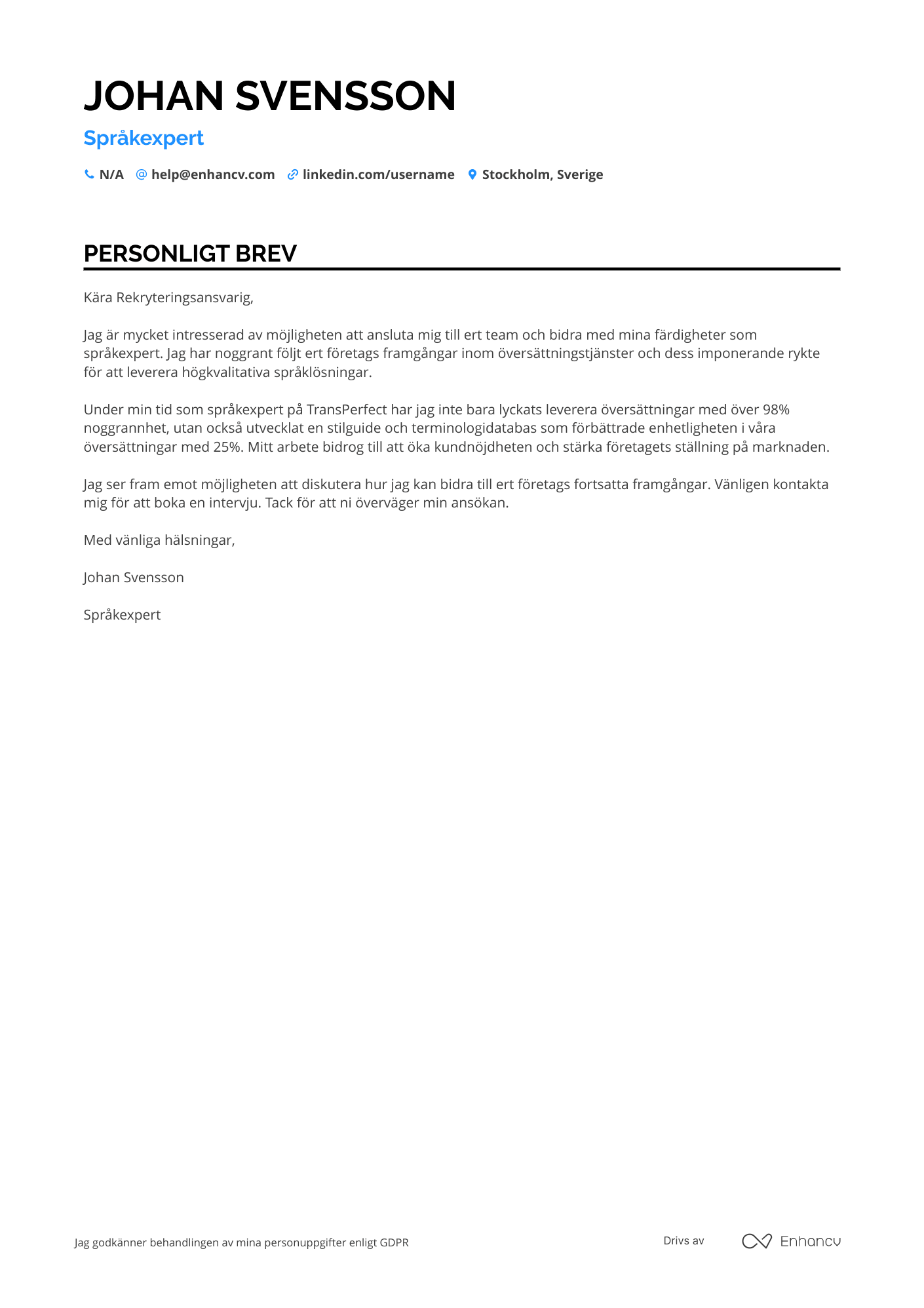 Personligt brev för Språkexpert Översättning Resume Example