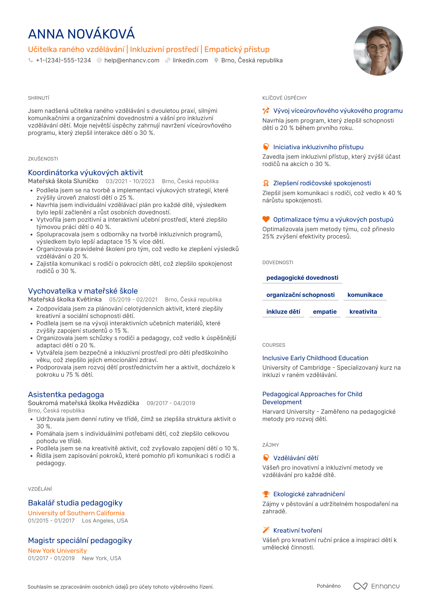 Životopis pro Učitelka raného vzdělávání   začátečník Resume Example