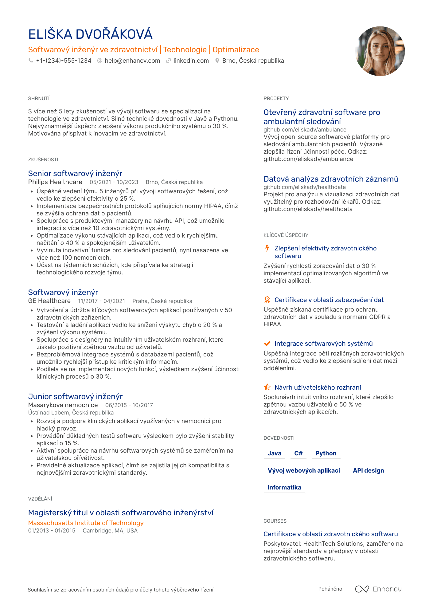 Životopis pro Softwarový inženýr ve zdravotnictví Resume Example
