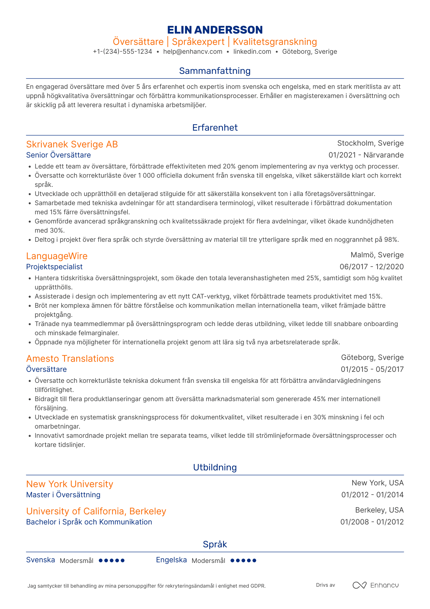 CV för Översättare Myndighet Resume Example
