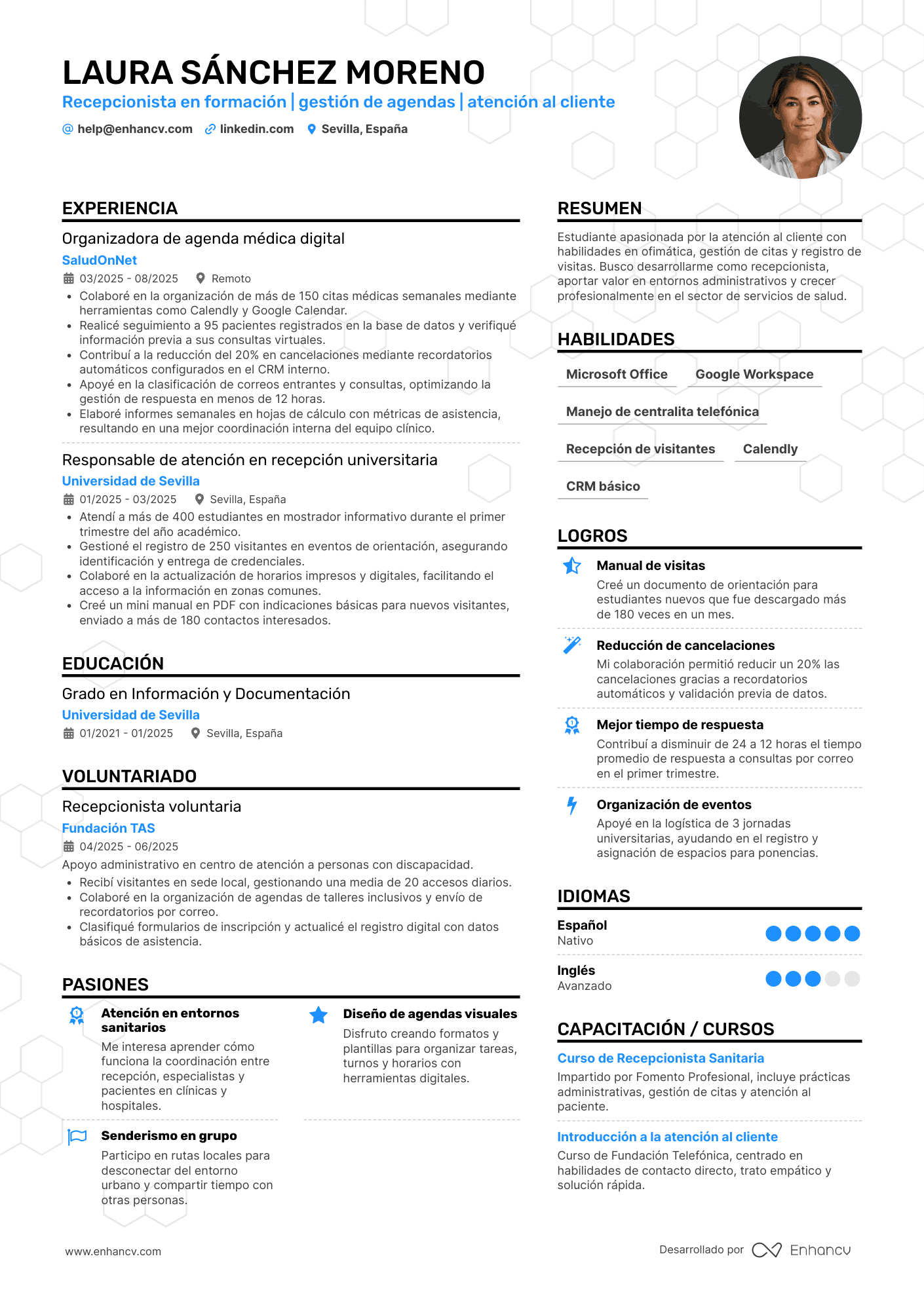 Recepcionista en prácticas Resume Example