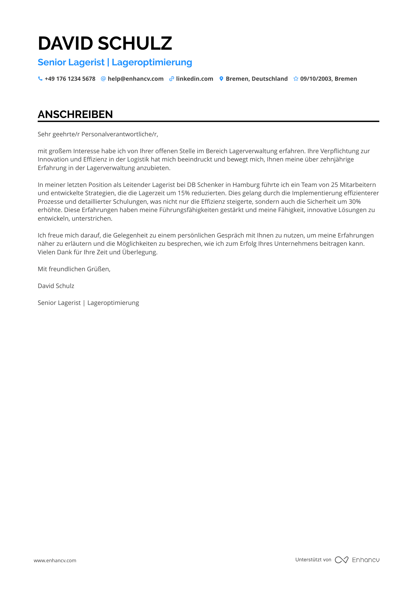 Senior Lagerist Resume Example