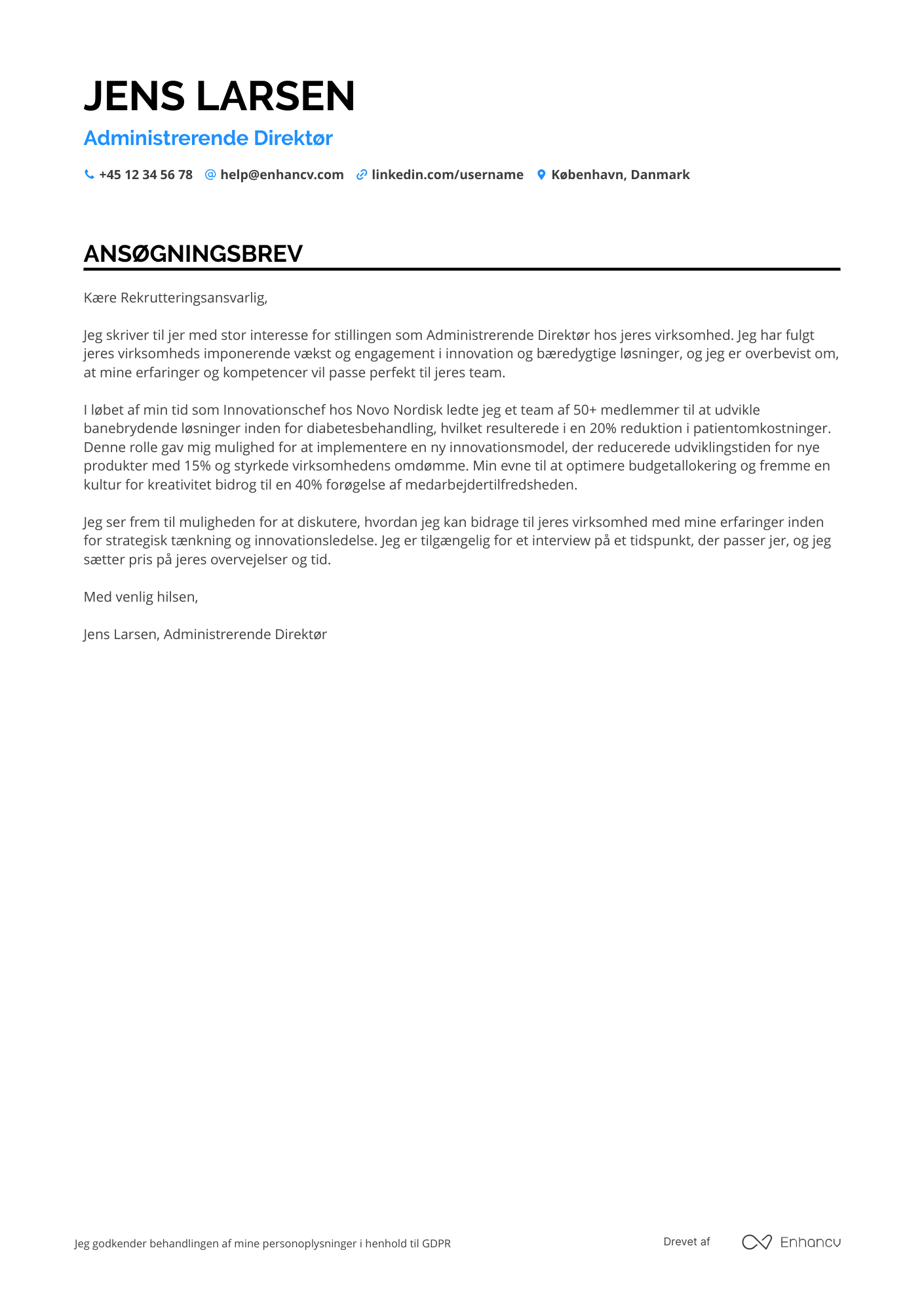 Ansøgningsbrev til Administrerende Direktør for Innovasjon Resume Example
