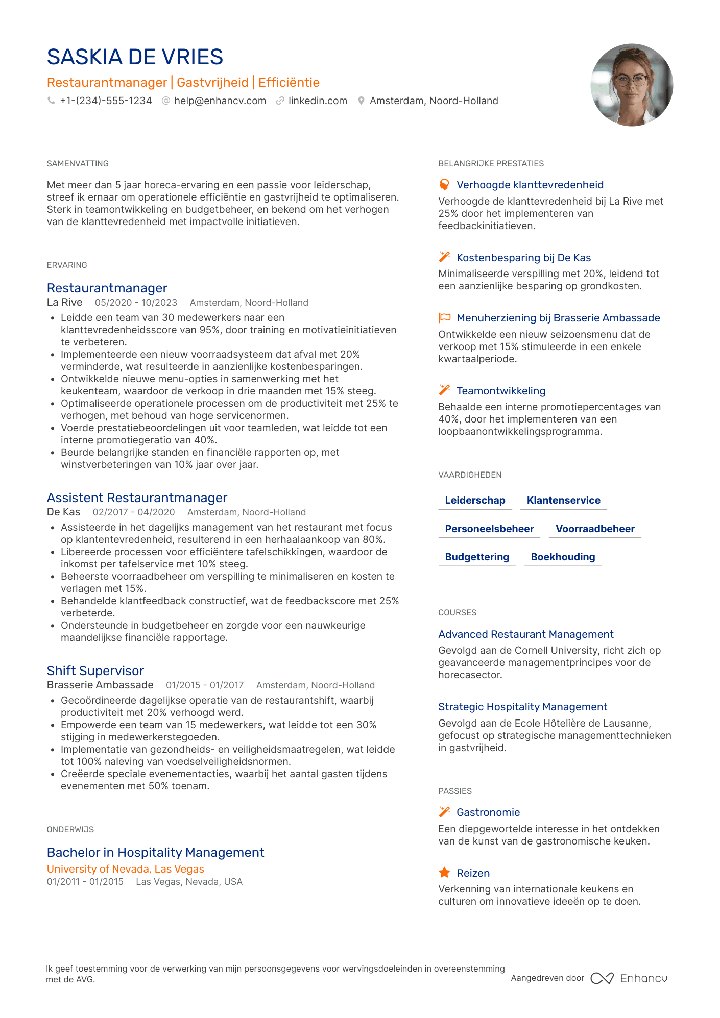 CV voor Restaurant Manager Resume Example