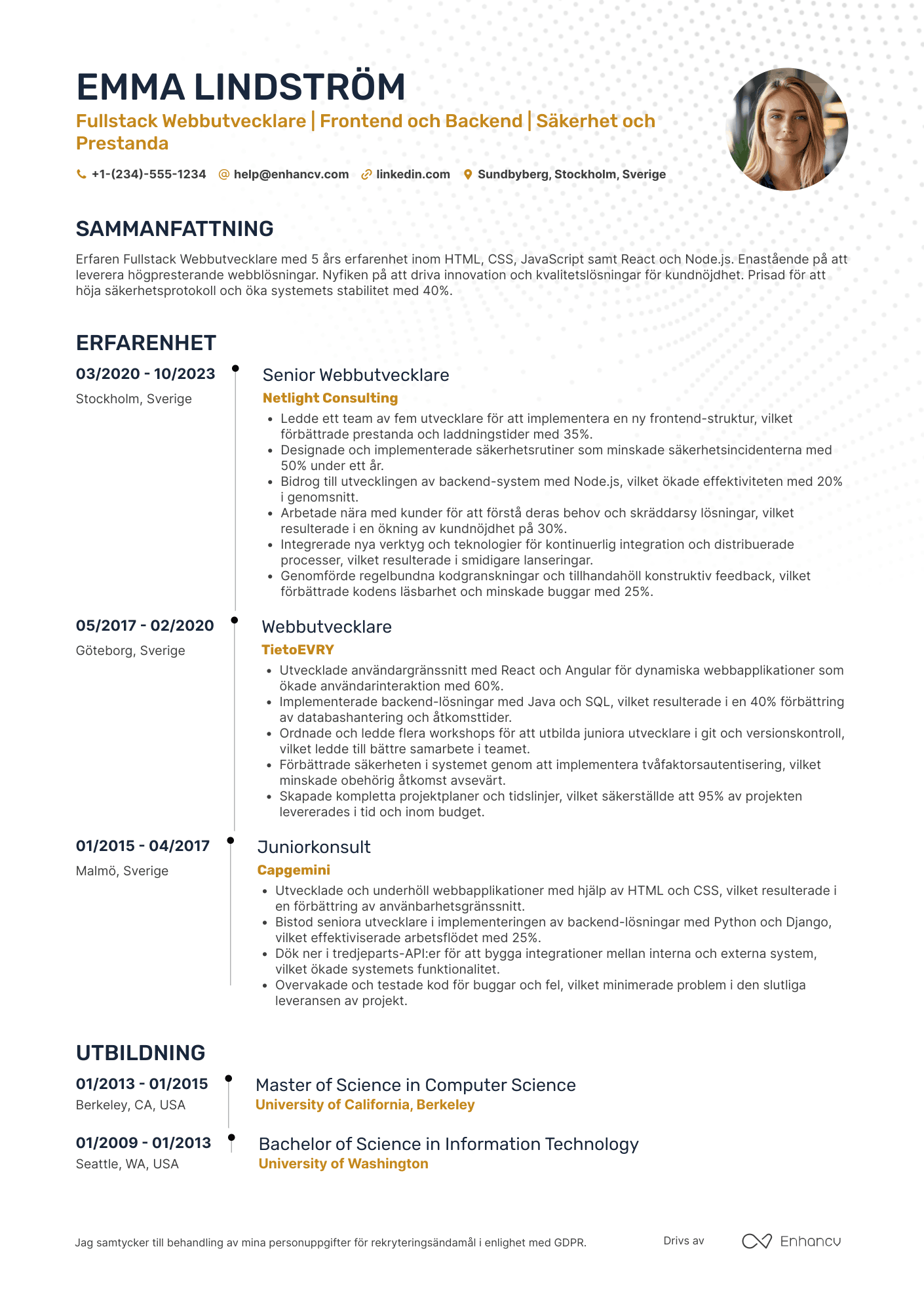 CV för Fullstack Webbutvecklare Resume Example