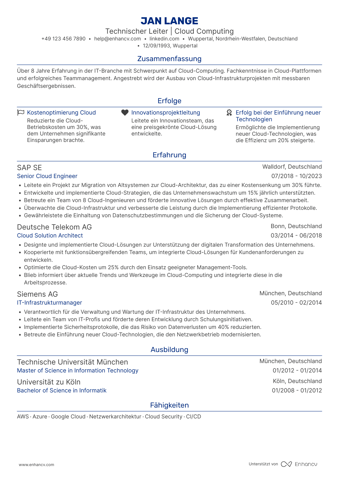 Lebenslauf als Technischer Leiter für Cloud Computing Resume Example
