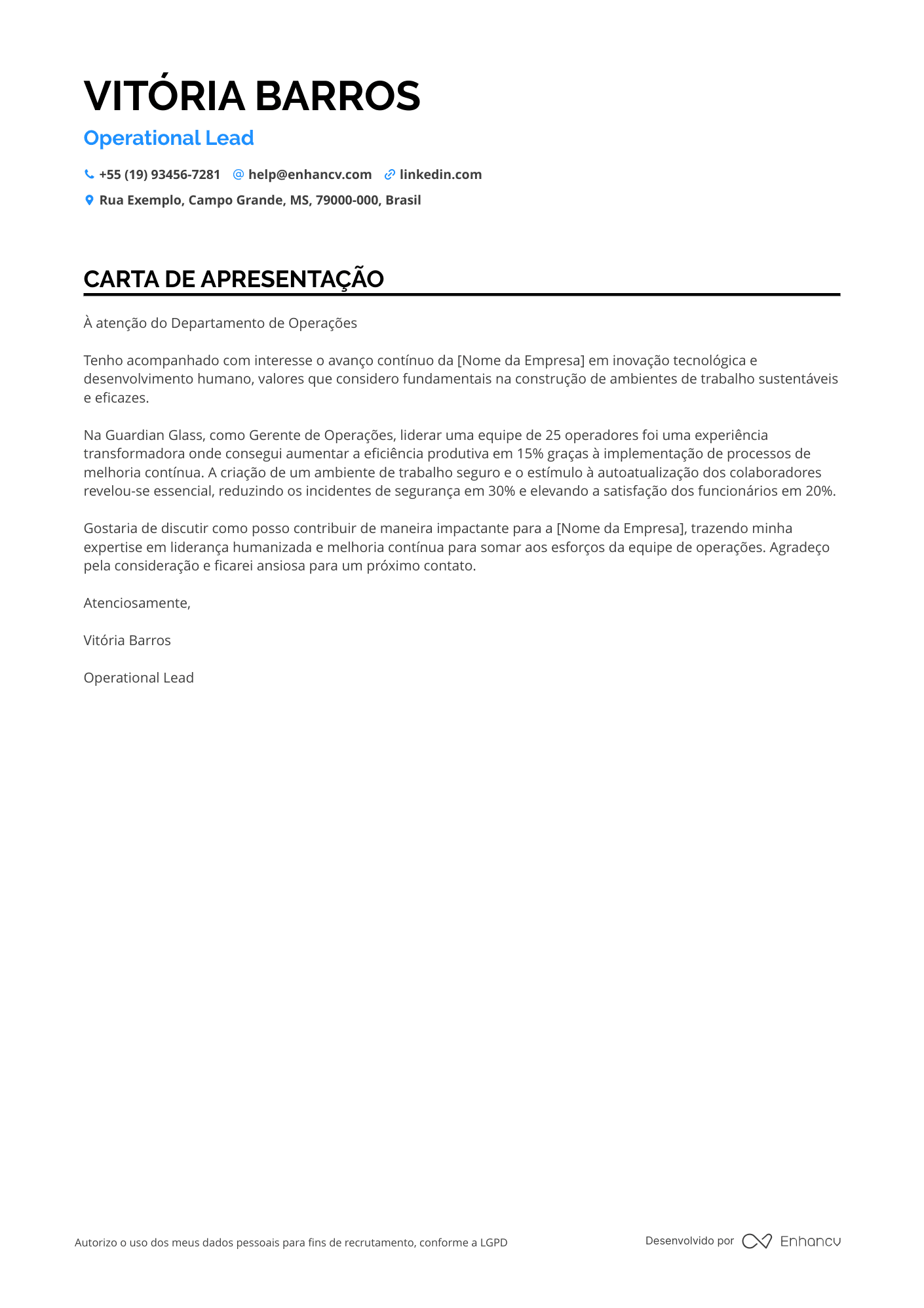 Supervisor de Produção Resume Example