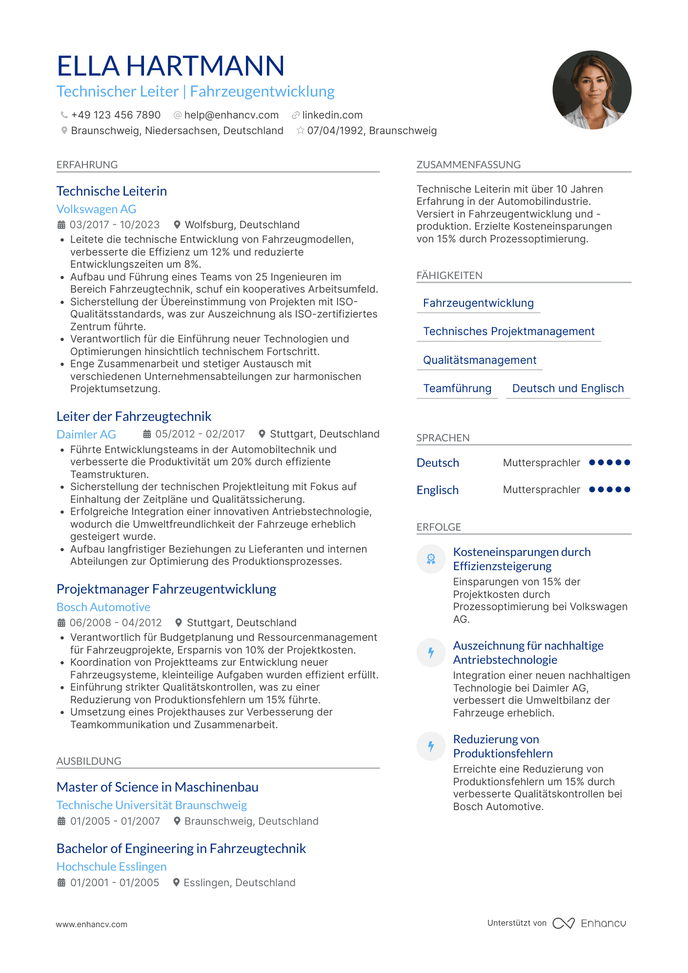 Lebenslauf in Technischer Leiter in der Automobilindustrie Resume Example