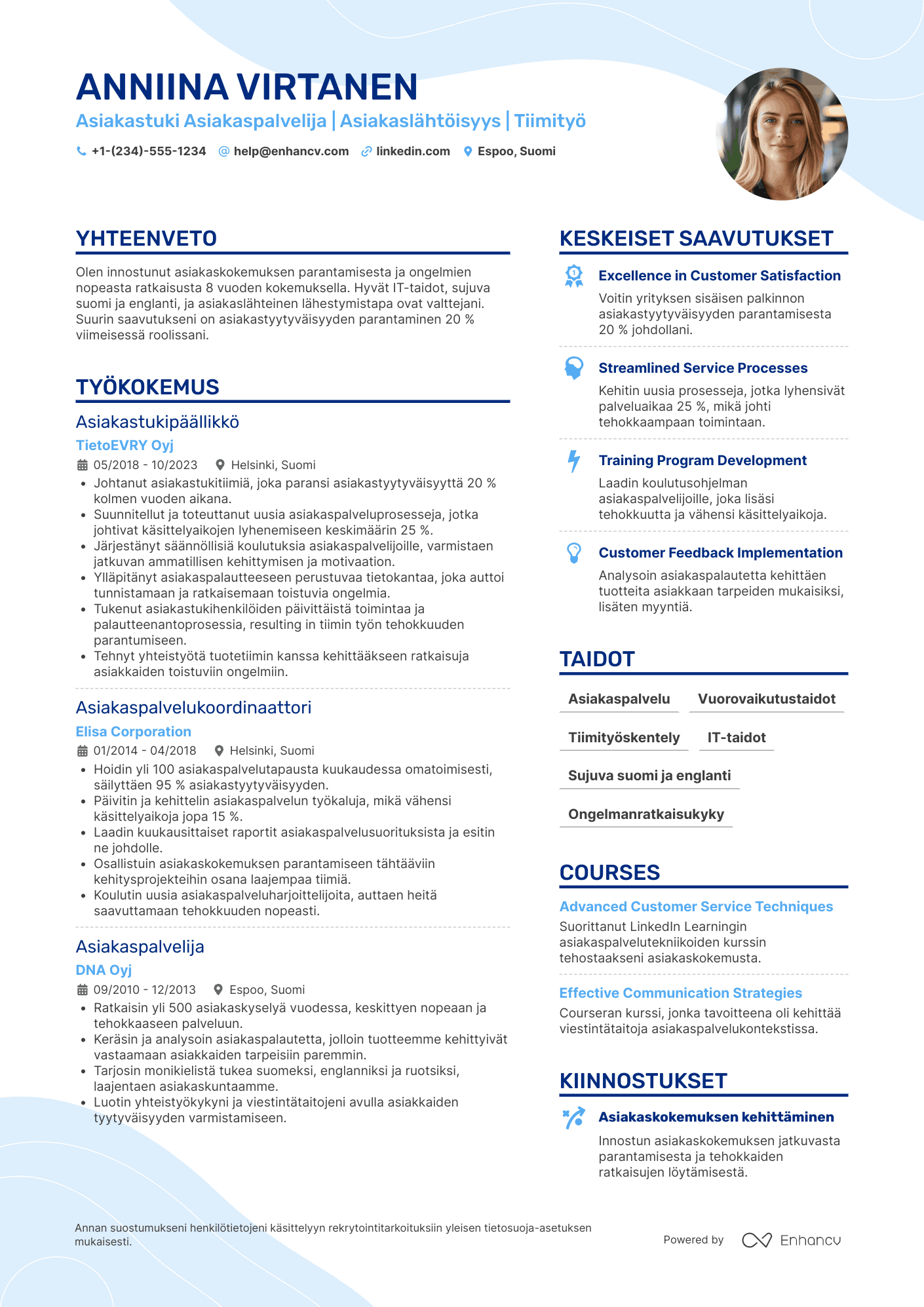 Ansioluettelo Asiakastuki Asiakaspalvelija Resume Example