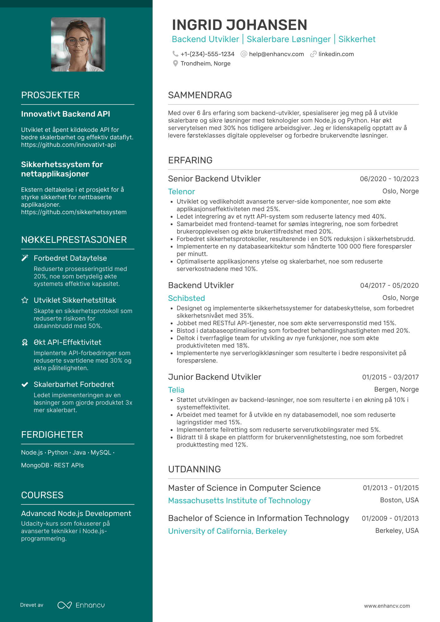 CV for Backend Webutvikler Resume Example