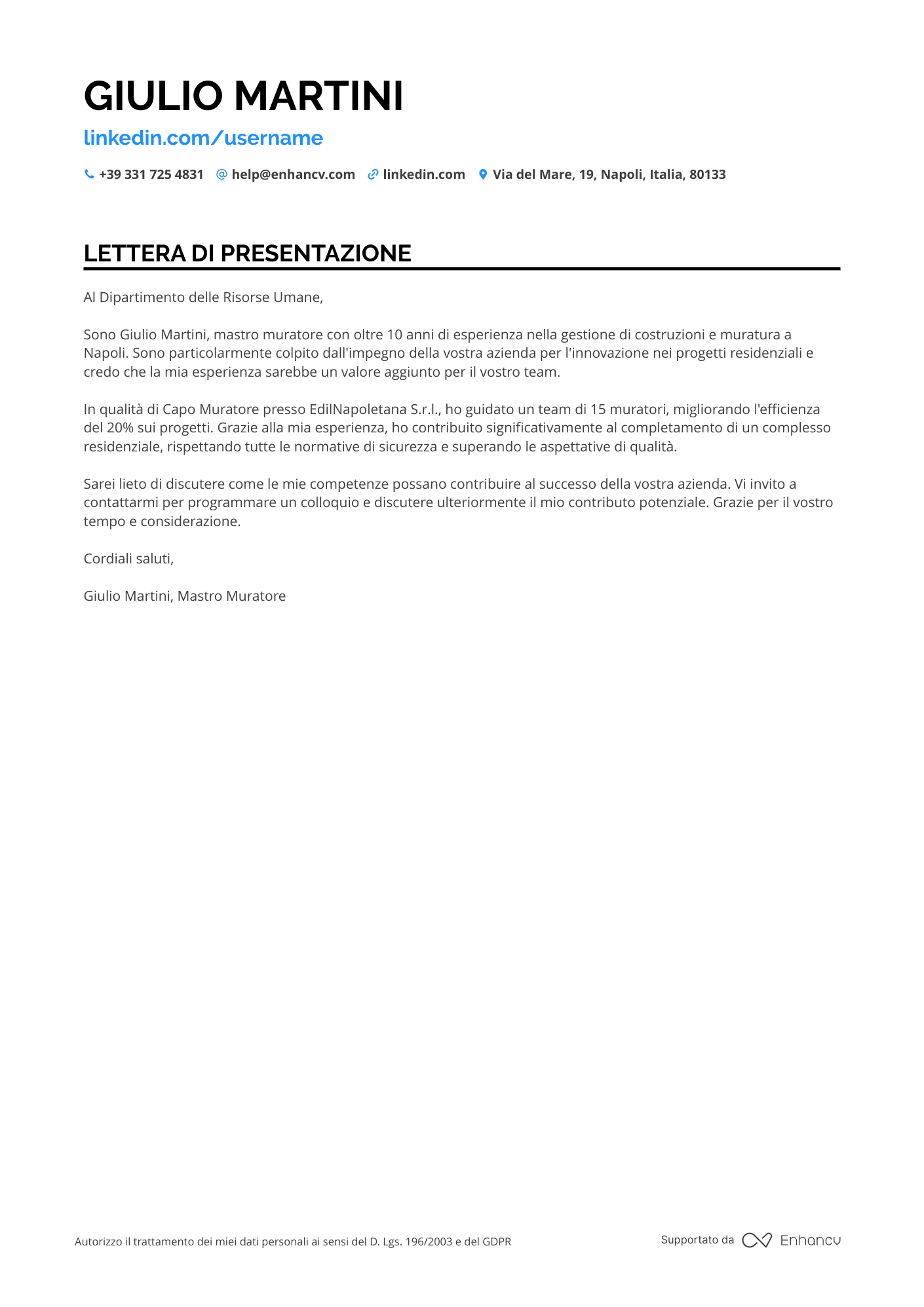 Muratore Specializzato Resume Example