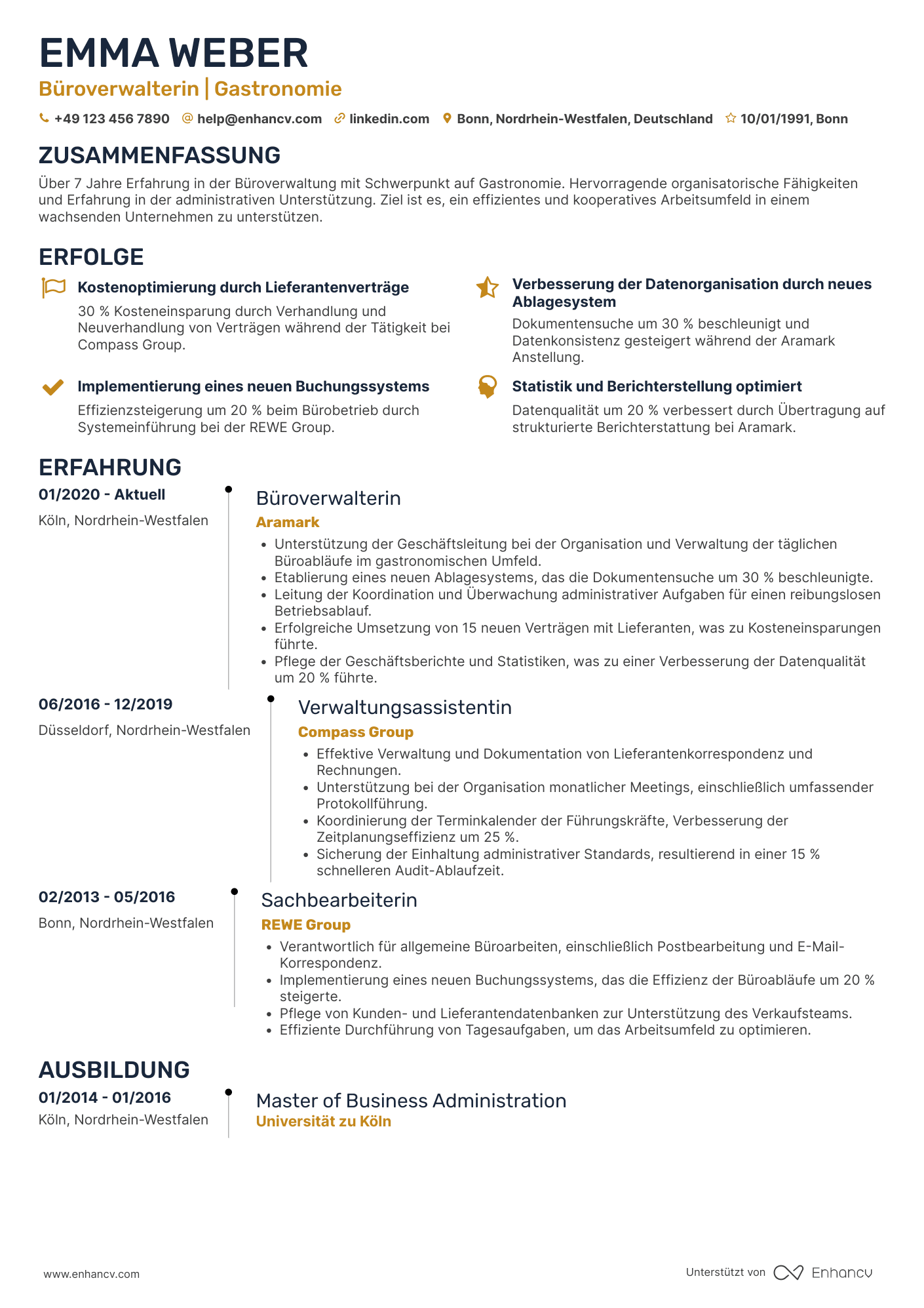 Lebenslauf in Büroverwalter für Gastronomie Resume Example
