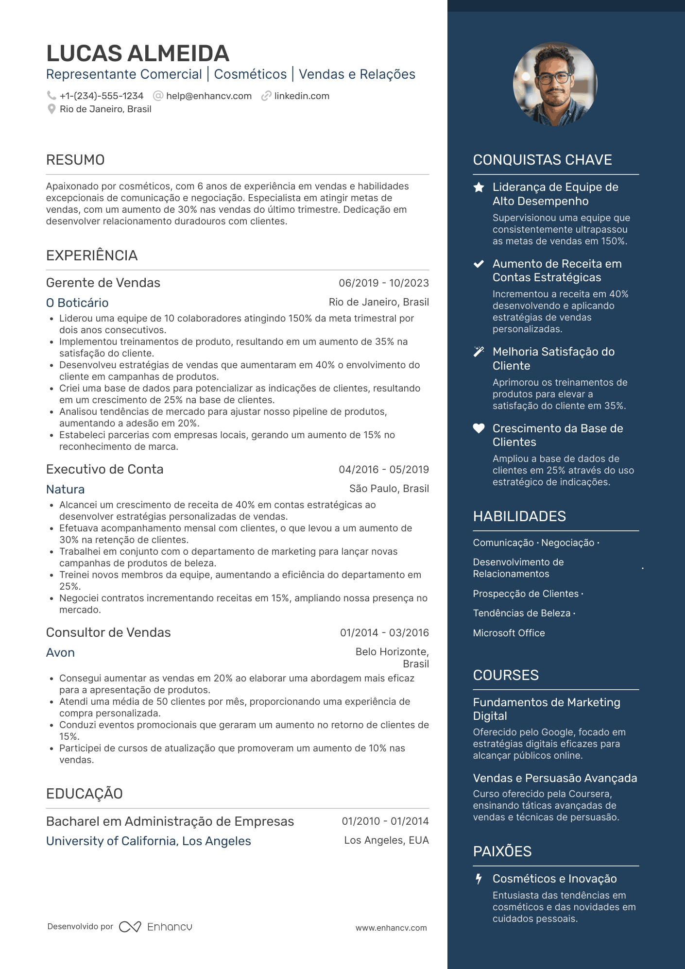 Representante comercial de cosméticos e produtos de beleza Resume Example