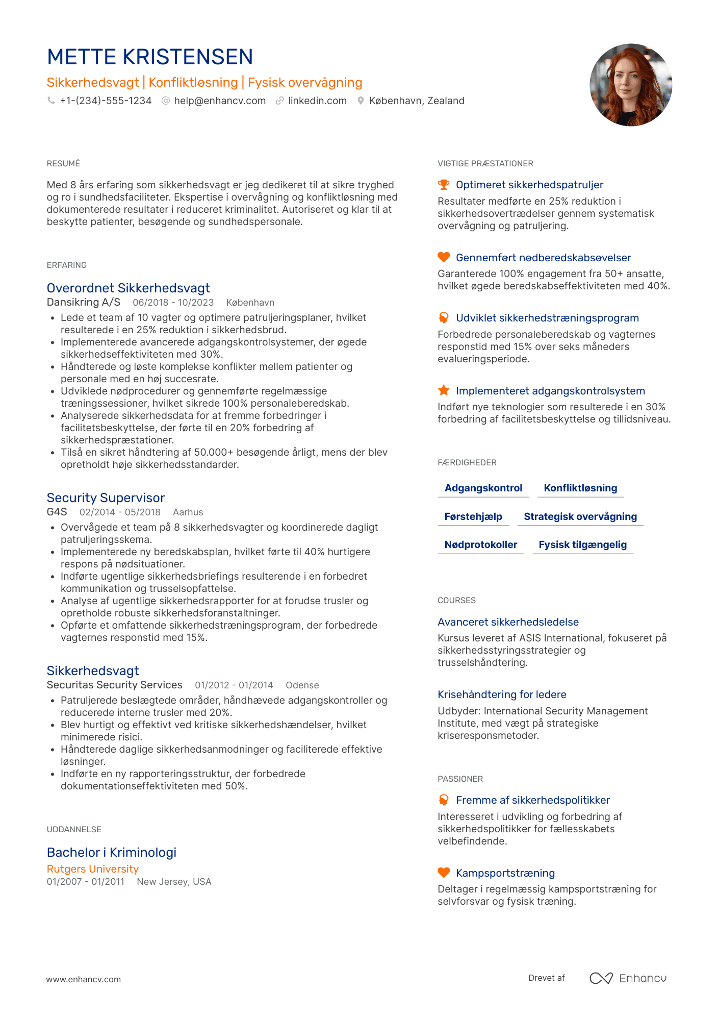 CV til Sikkerhedsvagt i sundhedssektoren Resume Example