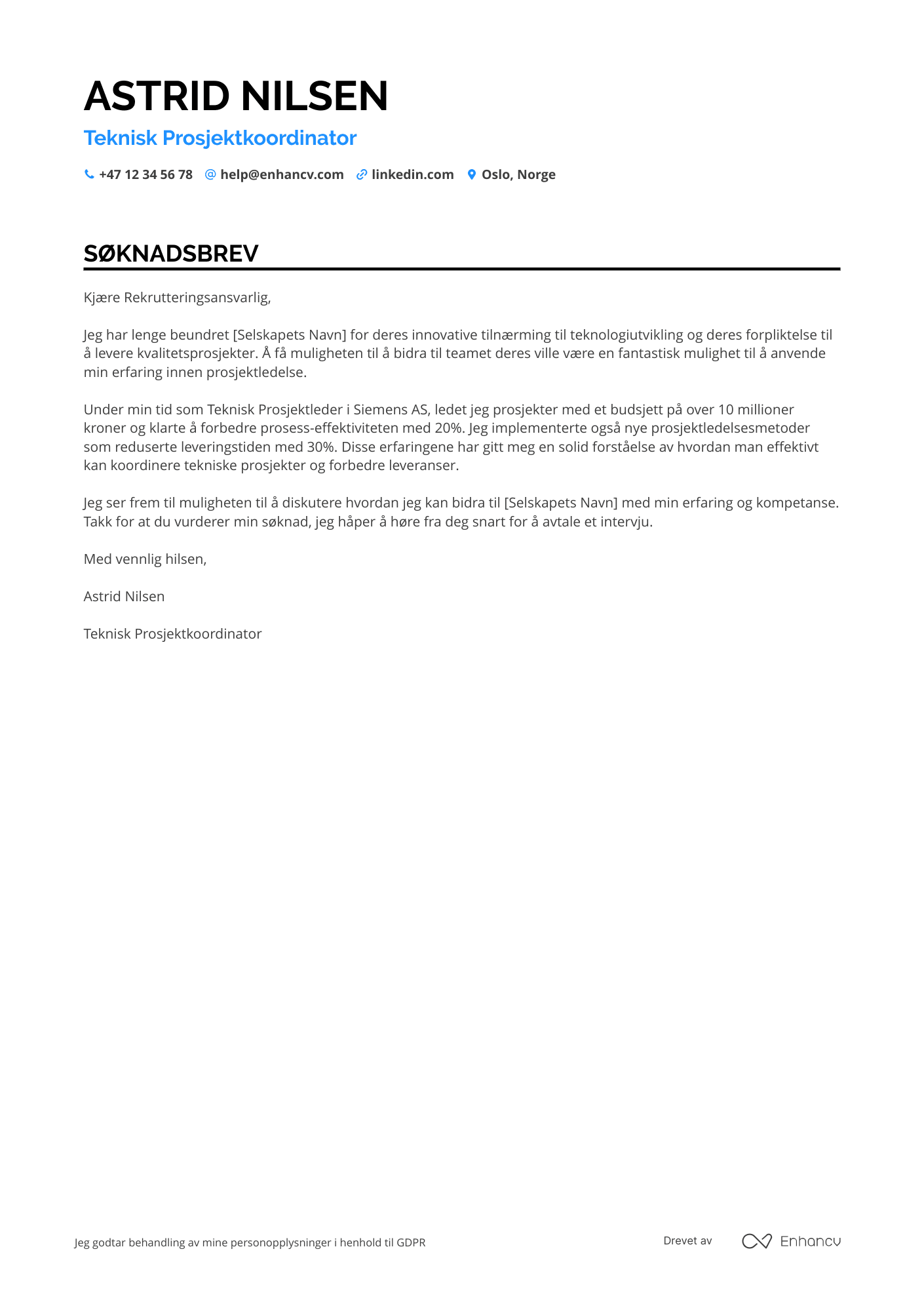 Søknadsbrev for Teknisk Prosjektkoordinator Resume Example
